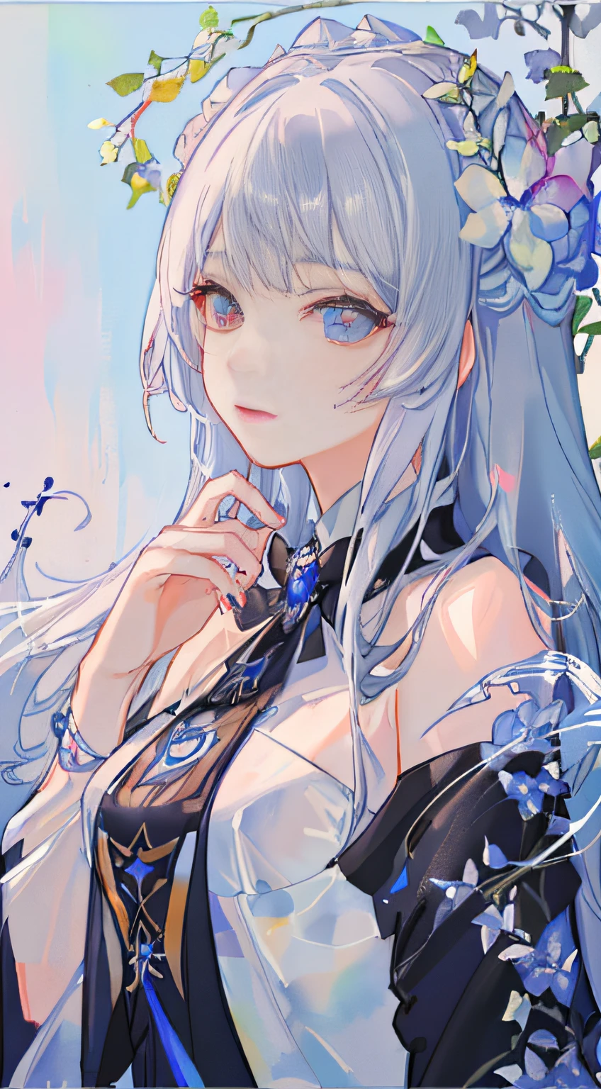 (top-quality)、(masuter piece:1.2)、(colourfull:0.9)、(Ink splash)、(Color splash)、((watercolor paiting))、Sharp Sharp Focus、(Portrait of the Goddess of Summer:1.5)、Cute look、Classy silver hairstyles、Beautifully detailed face and eyes、finely detailed  eyes and detailed face、intricate-detail, Elegant Goddess Clothing、Summer forest background、colorwater, Detailed finger, Full body like, Heterochromia