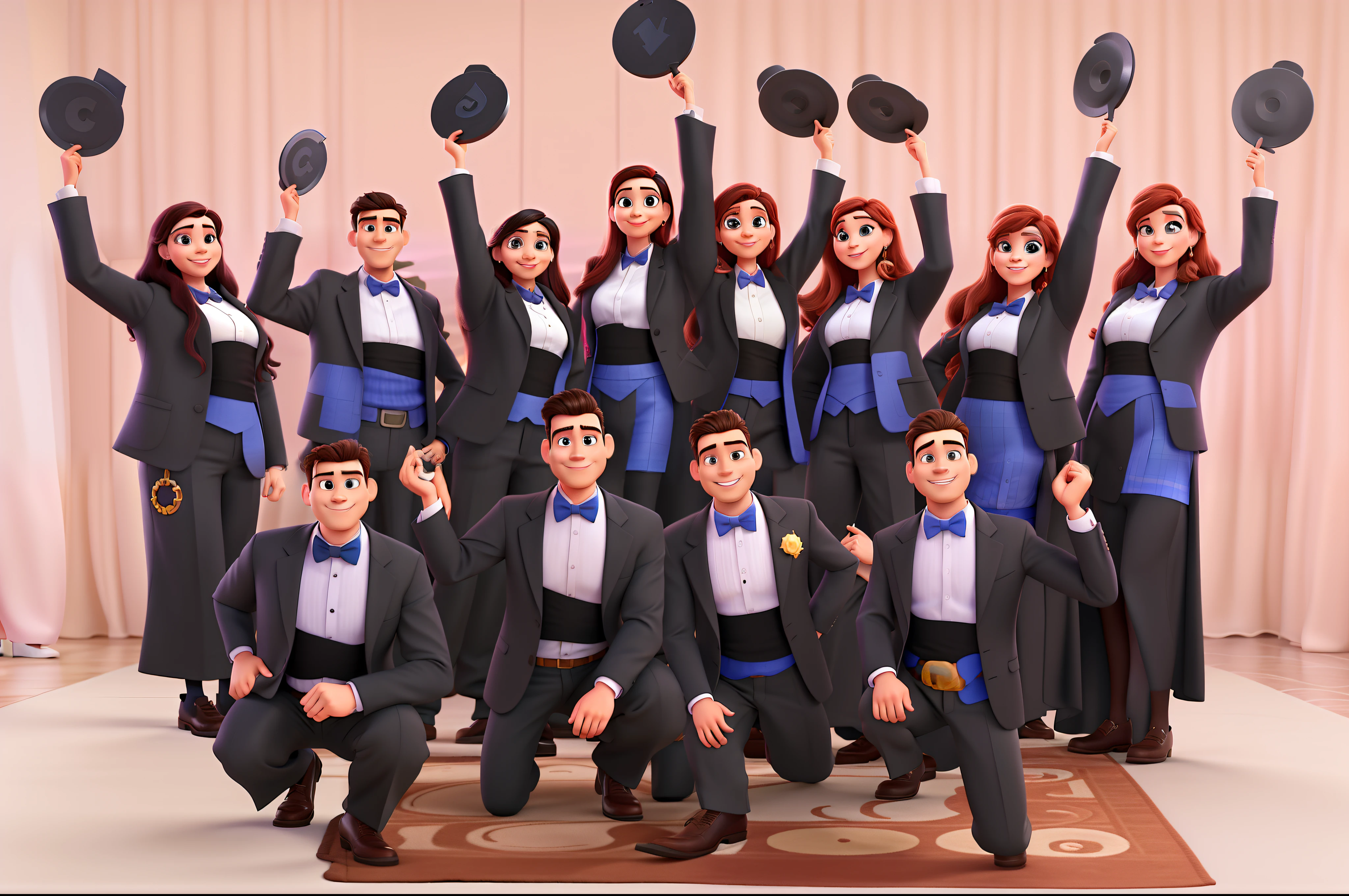 Imagem estilo Disney pixar de uma formatura com homens e mulheres. Alta qualidade, melhor qualidade.