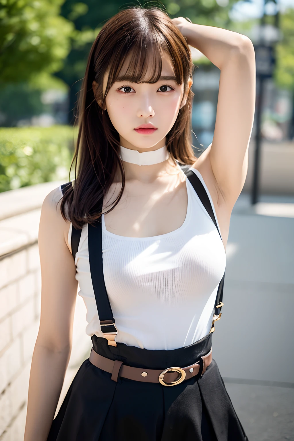 masterpiece、flat-colors、depth of fields、lens flare 1 girl、、Brown hair、watching at viewers suspenders large full breasts Armpit sweat perspiring Side of both hands walls: Black pants, Black jacket holster arm Reholster arma Gaze Small face Bangs Suspenders