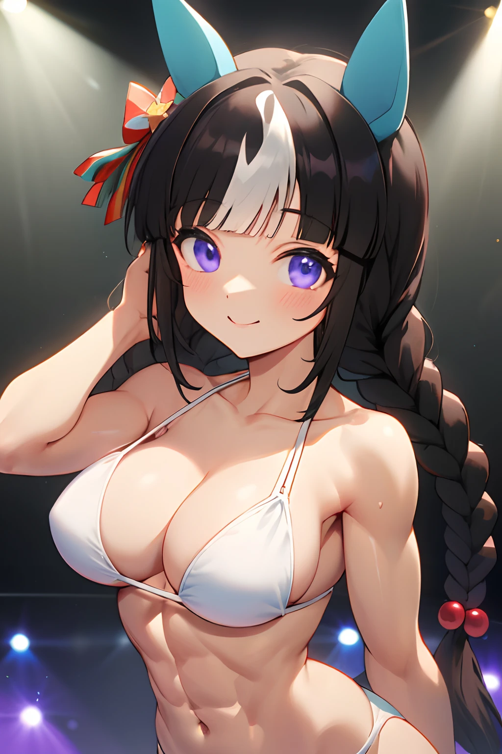 hokko tarumae \(umamusume\), masterpiece, best quality, (ultra-detailed face), muscle, abs, frontage, upper body, white bikini, horse tail, on stage, light smile, large tits, abdominal, most strongest pose,