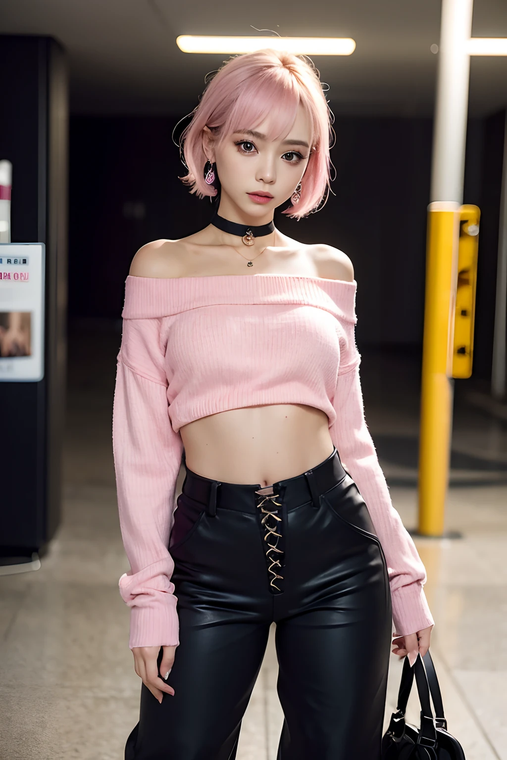 a woman with pink hair and a black top is sitting on a city street with a traffic light in the background, Artgerm, anime art, cyberpunk art, photorealism, 1girl, bangs, bare_shoulders, black_choker, medium breasts, bridge, building, choker, city, cityscape, crop_top, jewelry, looking_at_viewer, makeup, midriff, navel, necklace, pink_hair, short_hair, side-tie_panties, sitting, skirt, skyscraper, solo, tank_top