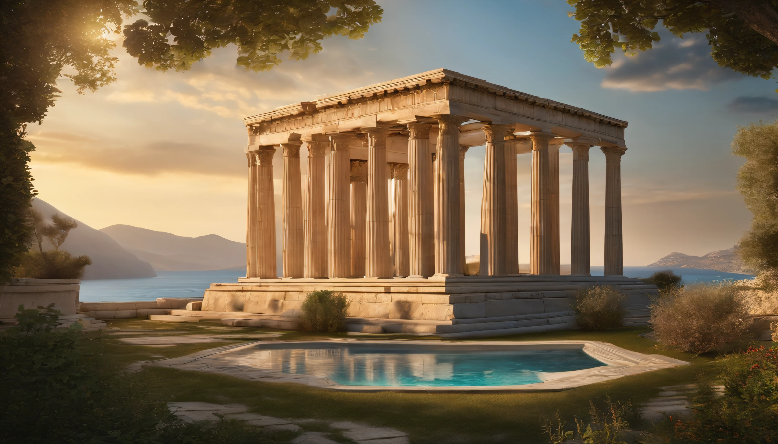 arafed view of a temple with a pool of water in front of it, a digital rendering by Jason Benjamin, shutterstock, neoclassicism, ancient greek temple, greek temple, ancient greek temple ruins, ancient greek ruins, ancient temple, greek architecture, ancient greek city, classical greece, greek temple background, ancient greece, ancient greek, greek fantasy landscape, greece