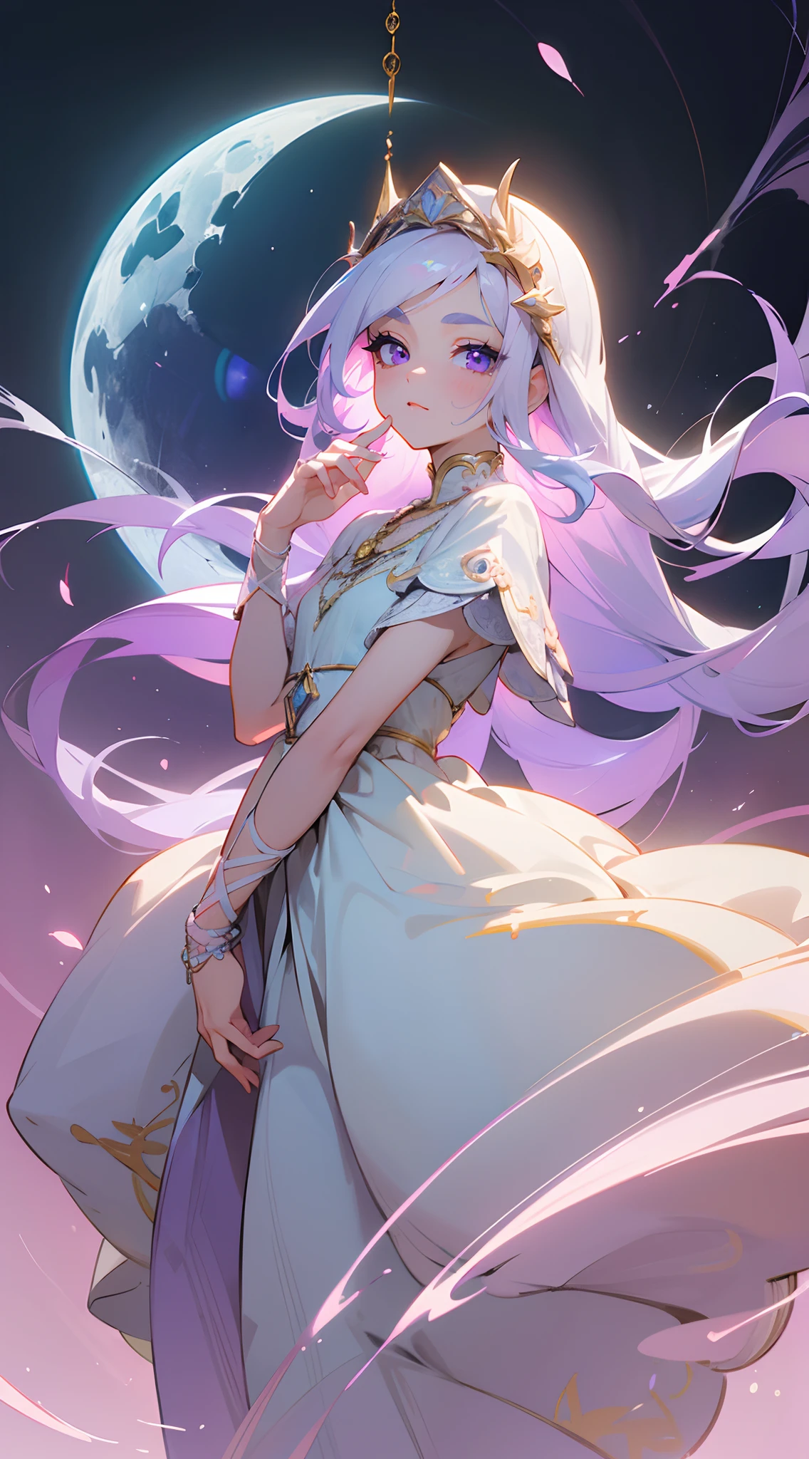 Beautiful woman , pale skin, purple eyes , blue eyelashes, long hair , pure white hair , small waist, white eyebrows, age 28,

She wears a flowing, pastel lavender dress adorned with delicate lace and embroidered crescent moons and bunnies, symbolizing her connection to both the celestial and the adorable,
Her outfit includes sheer, pastel pink stockings with celestial patterns that add a touch of mysticism to her look, reflecting her love for the moon, 
She wears a celestial-themed necklace with a moon pendant and a collection of pastel bangles and bracelets, symbolizing her connection to the magical and the cute, 

(masterpiece, best quality:1.3),beautiful detailed glow,best illuminate,(((best quality,textile shading,ultra detailed))),extremely detailed CG unity 8k wallpaper,Highly Detailed beautiful and aesthetic,best light,high resolution,detailed,dynamic lighting , 1Character ,  pastel washed out colors , cell shade , soft, muted shades ,gentle colors ,