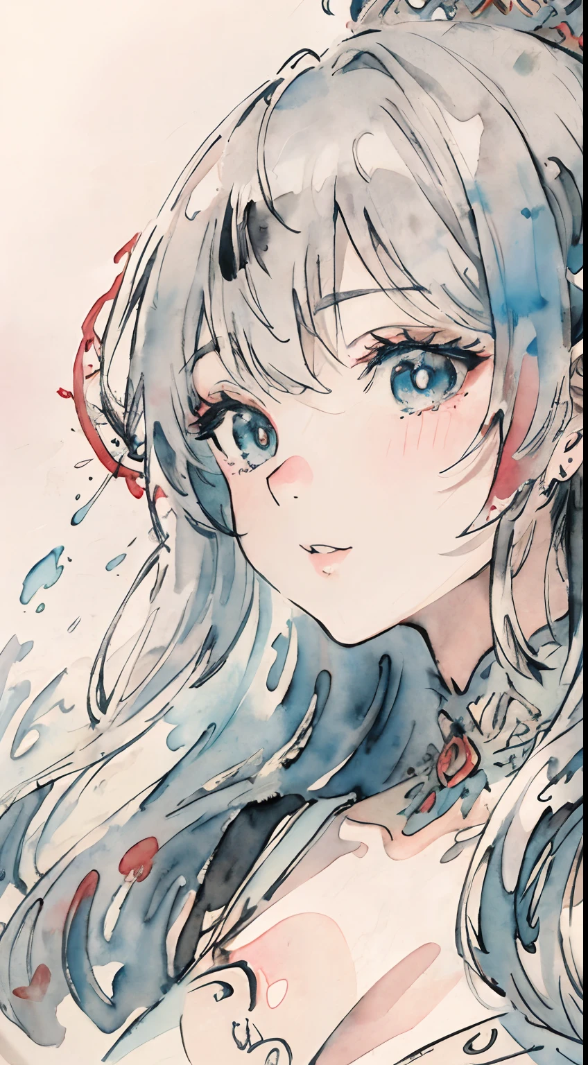 (top-quality)、(masuter piece:1.2)、(colourfull:0.9)、(Ink splash)、(Color splash)、((watercolor paiting))、Sharp Sharp Focus、(Portrait of the Goddess of Summer:1.5)、Cute look、Classy silver hairstyles、Beautifully detailed face and eyes、finely detailed eyes and detailed face、intricate-detail, Elegant Goddess Clothing、Summer forest background、colorwater, Detailed finger, Full body like, Heterochromia