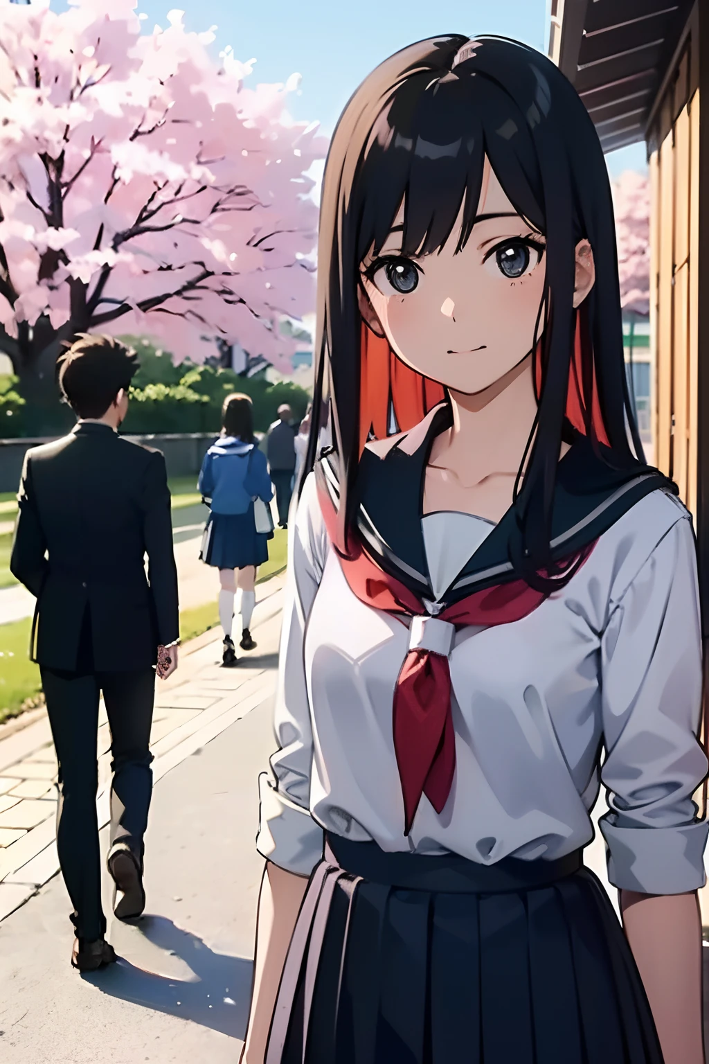 Portrait of a realistic, anime-influenced Japanese high school student::3 standing at the entrance of a traditional Japanese school. She wears classic navy blue and white seifuku, with meticulous detailing in the pleats of her skirt and reflections of natural light in her long, black hair. The scene captures the effervescence of school life with classmates chatting in the background and cherry trees in full bloom::2. The morning sunlight creates an ethereal effect, with vivid colors and soft shadows --ar 16:9 --quality 2 --no cars.