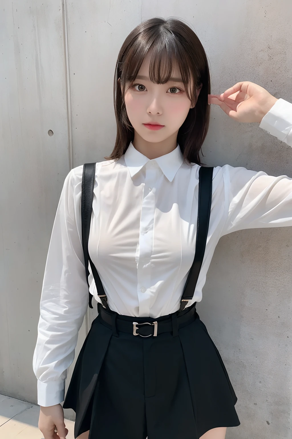 masterpiece、flat-colors、depth of fields、lens flare 1 girl、、Brown hair、watching at viewers a belt black suspenders big breasts Armpit sweat perspiring Side of both hands walls: Black pants, Gaze Small face Bangs Upper Eyes flank a miniskirt garters