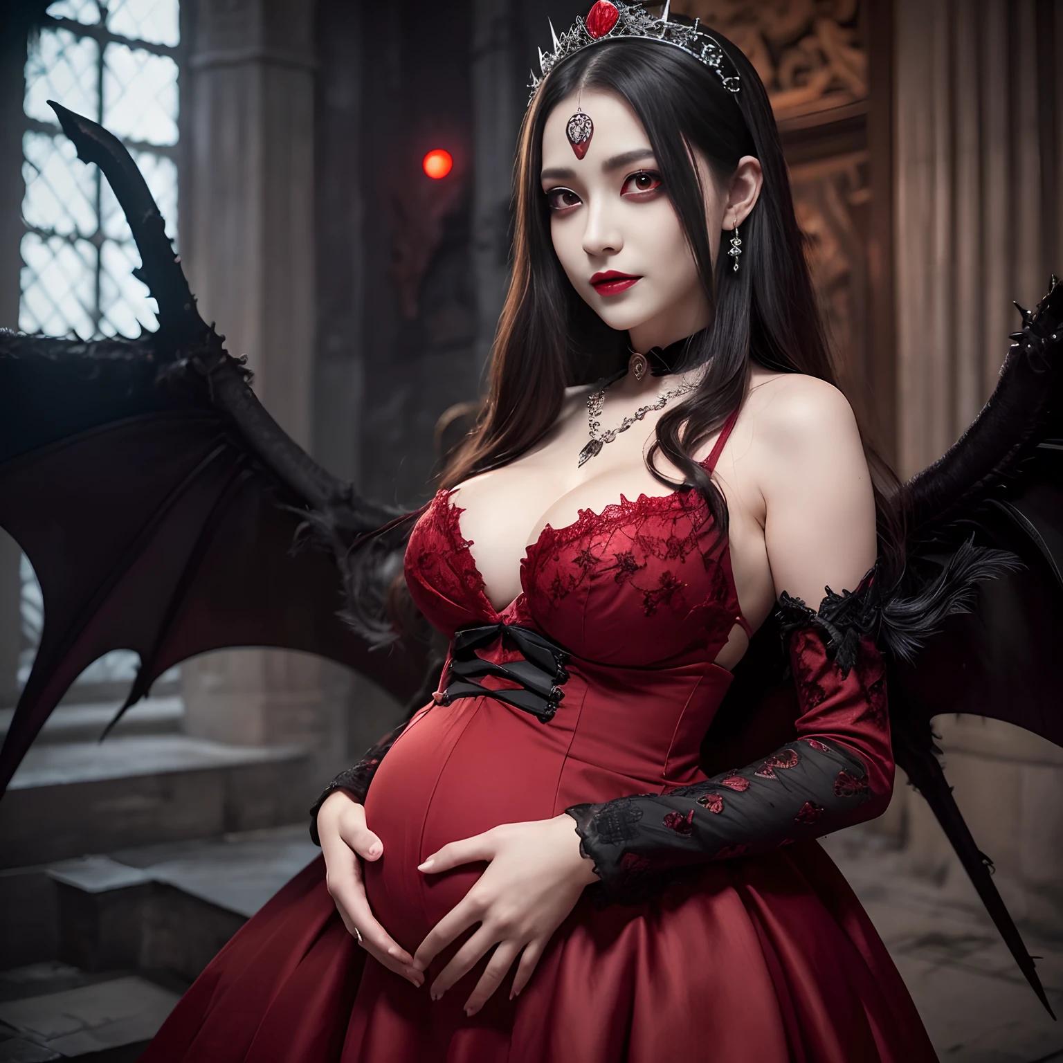 Evil and beautiful queen, Pregnancy,Medieval dresses,Half-Japan and half-Spanish princess,(Glowing red eyes:1.5),(Her eyeballs glow red:1.5),(has sharp fangs growing:1.2),Evil energy is floating around her,Huge calamity々Devil's Wings,Very complex and creepy demon wings,Huge and most terrifying demon wings,Blood Red Lip,facing front,Evil makeup,The perfect devil costume,(Mouth covered with blood:1.2),(A large amount of blood in the mouth:1.2),(Bright red blood dripping down his jaw:1.2),Maniacal,Licking blood,The background is a sinister and gothic medieval European castle,The background is the interior of a complex castle,Detailed backgrounds,Flames burning in the background,bonfire,Creepy satanic ritual in the background,Terrifying Satanic Rituals,Statue of a terrifying demon,Perfect gas chamber,Bewitching and sexy smile,castle at night,Devil decoration,Devil dress with intricate decorations, Devil's Black Dress,Intricate tiara,Dresses in black tones, large full breasts,Evil decoration, ruby decoration, Artistic Design Choker, Evil pattern decoration, ,Shining crown, Finest necklaces, artistic décor, Princess Dresses, Dresses with lots of jewelry, Chest that seems to burst,Dress with a narrow waist,A dress that tightens the waist,A detailed face, Highest Quality, 8K, SLR Camera Photography,Award-winning works