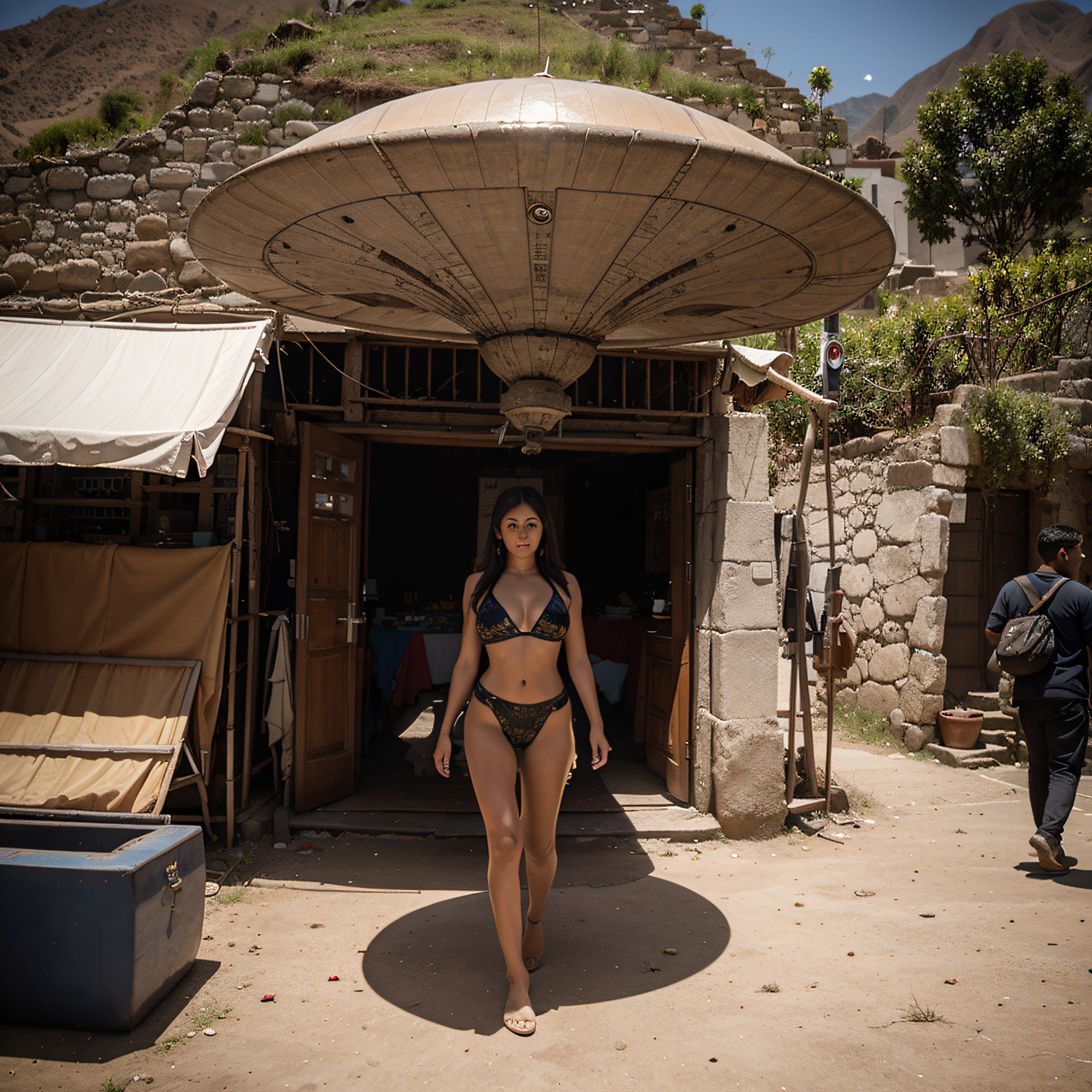 the landing of a flying saucer UFO on a Inca village in the 1500 hundreds with Alien woman in front of the space ship