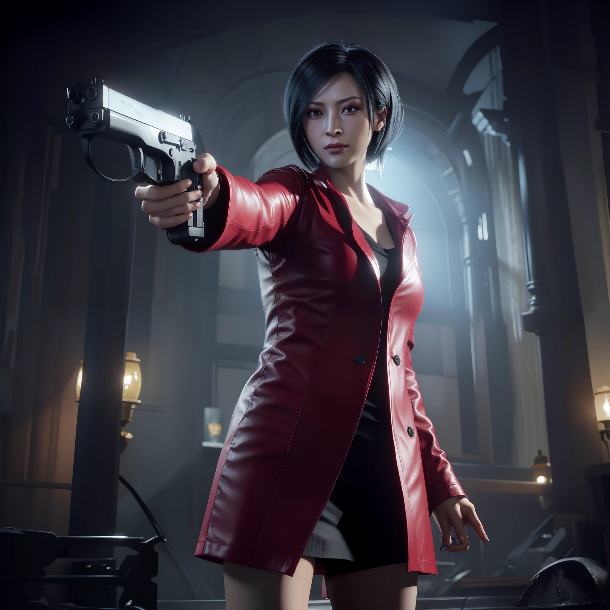 HD, ada wong 40 years old, beautiful face, looking at viewer, very long red hair, perfect Face, black jeans, red long coat with black nail polish, friendly face, glare, holding a gun