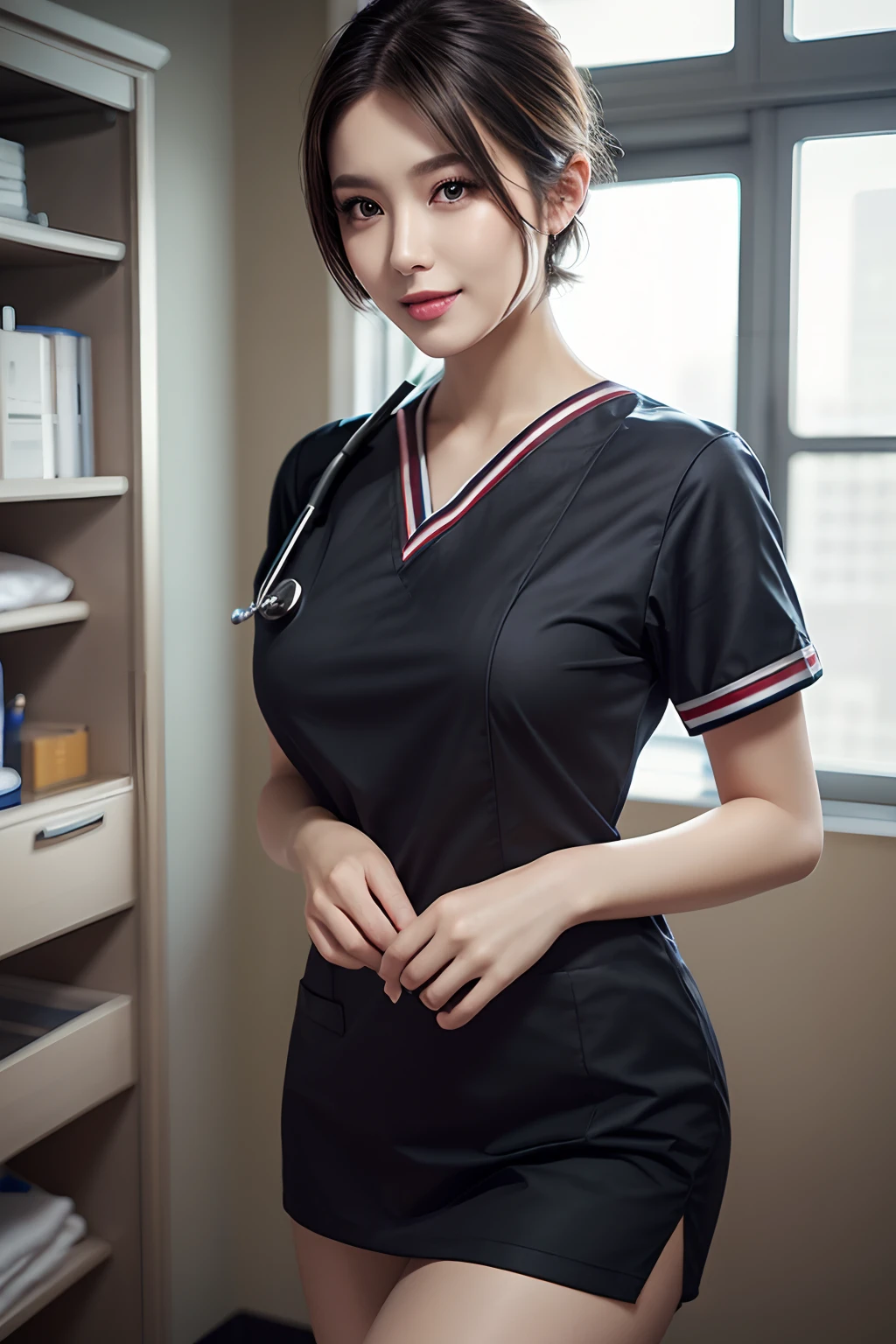 (1 Ultimate Beautiful Nurse)、hyperdetailed face、Detailed lips、Detailed eyes、Double eyelids、((Black bob hair))、(nurse's uniform:1.3)、(Glamorous body)、(Huge breasts)、Smile、thighs thighs thighs thighs, Perfect fit, Perfect image realism, Background with: (Hospital Patient Rooms:1.2), Cowboy Shot, Meticulous background, detailed costume, Perfect litthing、Hyper-Realism、(Photorealsitic:1.4)、8K maximum resolution, (masterpiece), Highly detailed, Professional