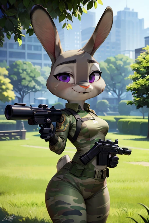 brown military camouflage uniform, peaceful garden, lonely girl, Judy Hopps, using a gun m4a1, adorable face, cute expression, perfect anatomy, beautiful scenery, detailed face, best quality, realistic, ultra-detailed, vibrant colors, soft lighting.