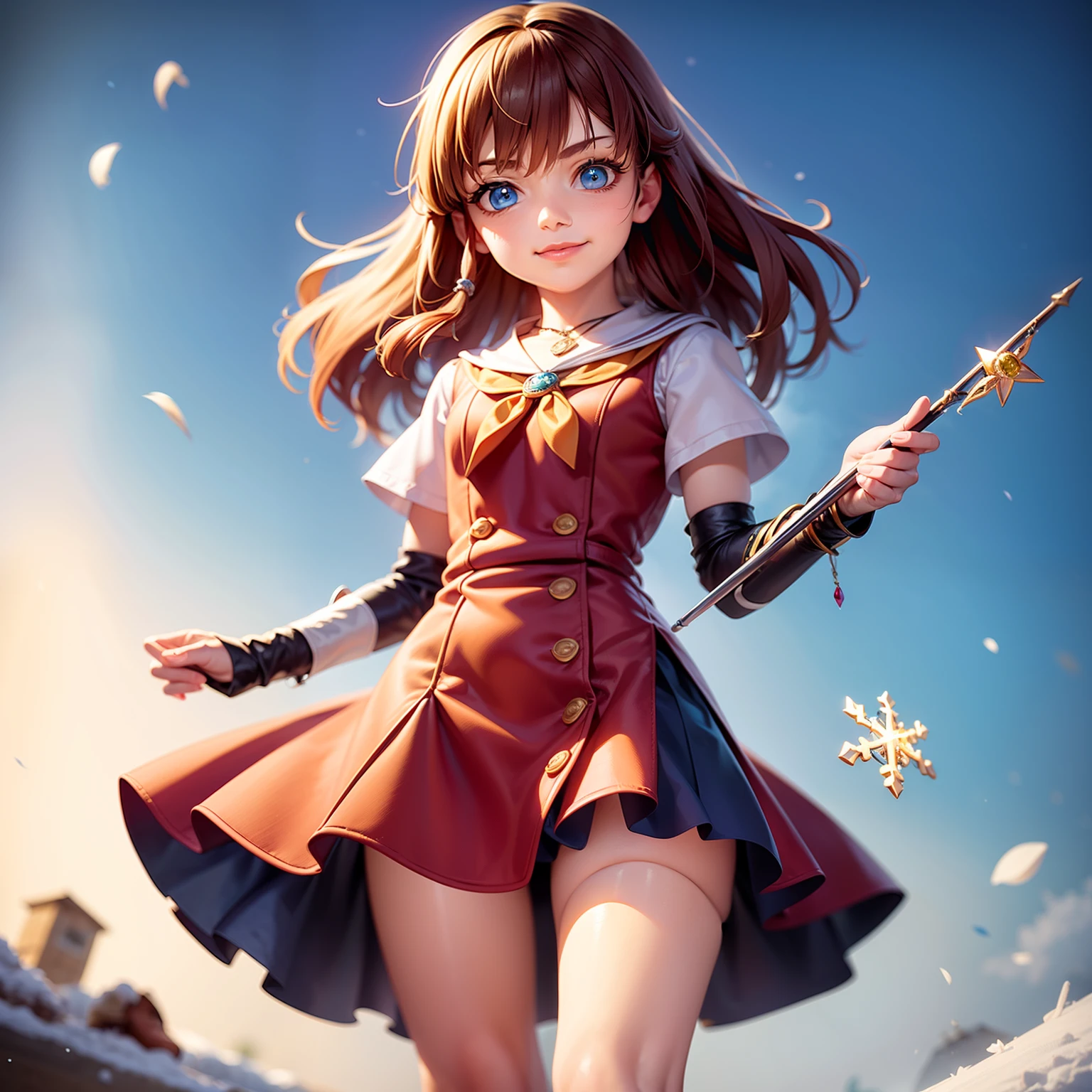 solo, pure happiness, Ultra-detailed, (Realistic, Photorealistic:1.0), vibrant colors, snowfield, (winter background), heaven, falling snowflakes, cute lonely selfish evil 1girl villain, (holding a magical enchanted rod), wicked smirk, mean, standing, walking, flat chest, skinny, very thin legs, anorexic, ((young)), school girl uniform, (fishnet stockings), and ribbon, handbag, school bag, purse, silk arm warmers, short skirt, high heeled boots, red scarf, brown hair, luxurious jewelries, necklaces, pendants, bracelets, earrings, tiara, (glowing shiny magical blue eyes), looking down at viewer, (from below), hair ribbon, hair flower, depth of field, cinematic lighting, bokeh, masterpiece, anatomically correct, (close-up)