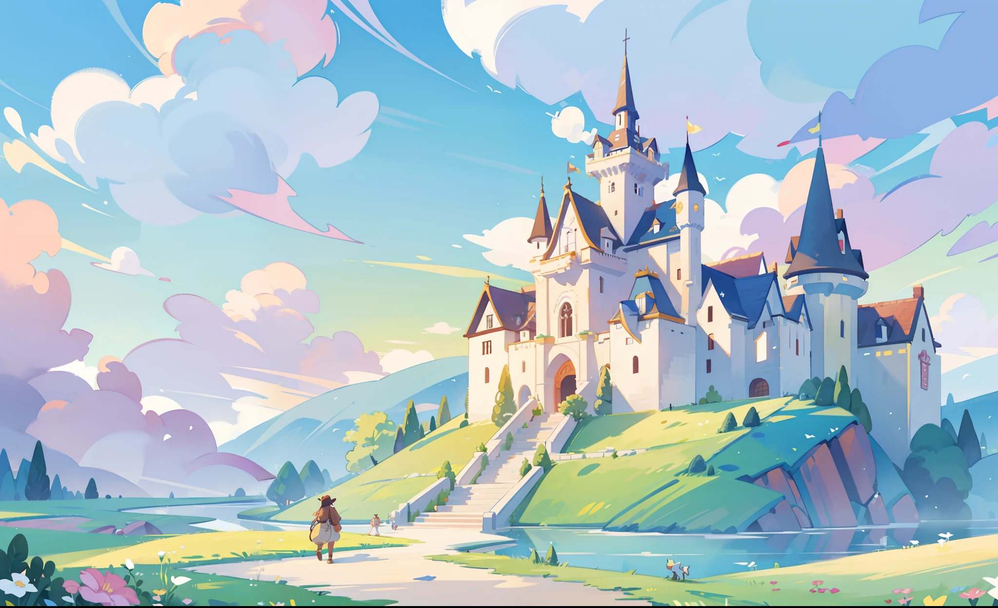 picture book illustration, watercolor storybook illustration, princess castle, fairytale castle, fairytale towers, clouds, vibrant pastel colors, dream, colorful, whimsical, magical, masterpiece, best quality, sharp focus, intricately detailed environment, fine detail, 8k resolution
