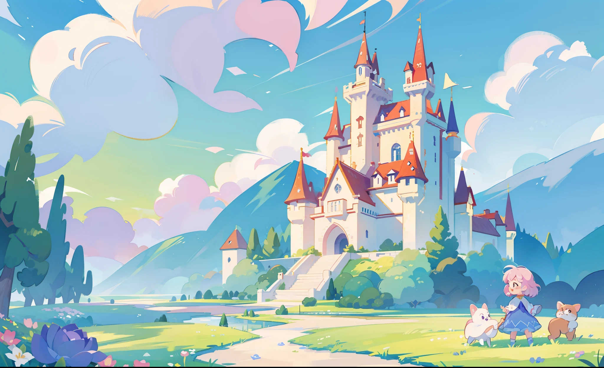 picture book illustration, watercolor storybook illustration, princess castle, fairytale castle, fairytale towers, clouds, vibrant pastel colors, dream, colorful, whimsical, magical, masterpiece, best quality, sharp focus, intricately detailed environment, fine detail, 8k resolution