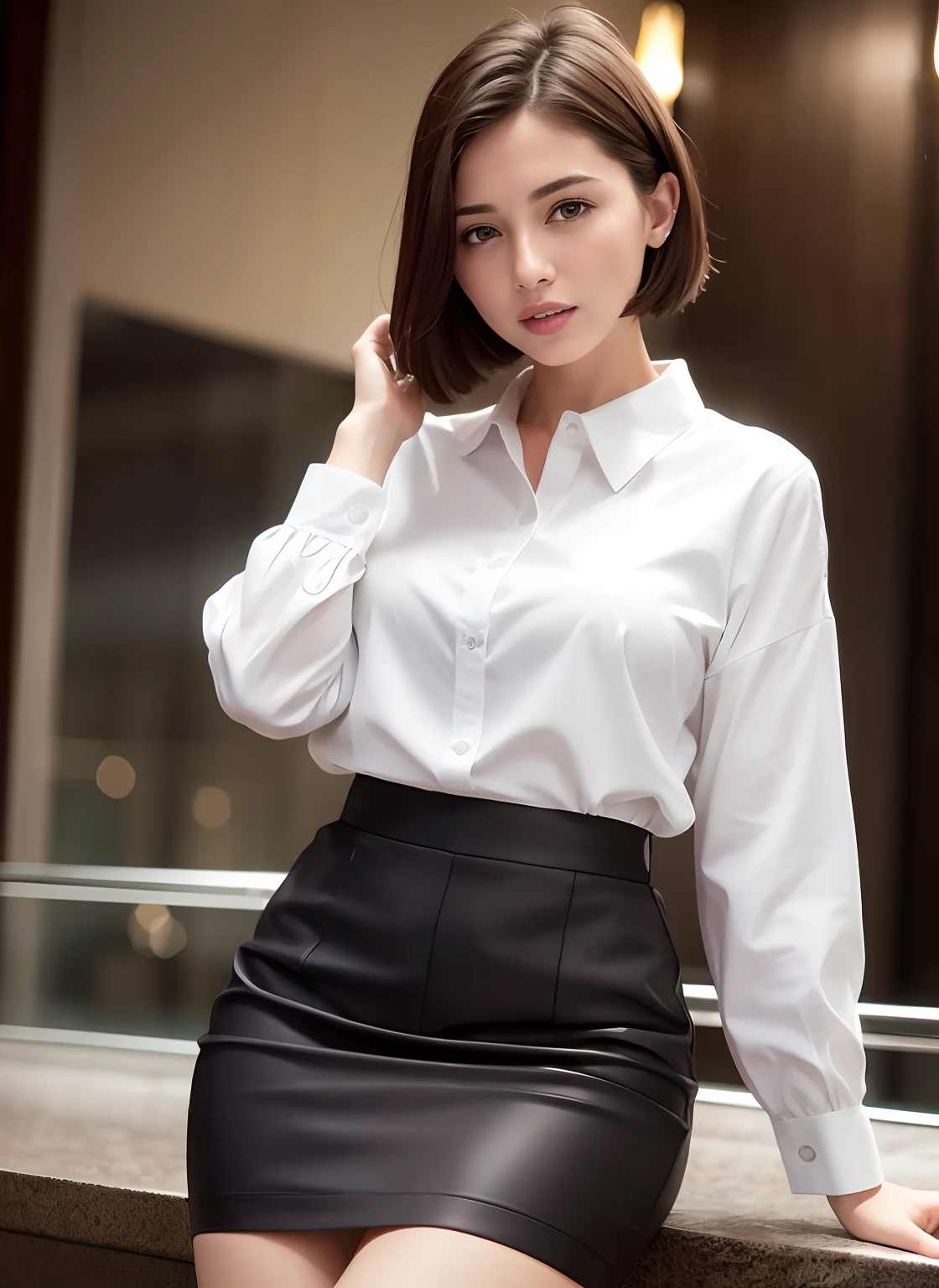 Japan Married Woman、50 generations、Delicate facial features、(Big eyes:1.4), Brown-eyed、Brunette Short Bob、Toothy smile、(large full breasts)、(Curve:1.3), a captivating gaze、Office at night、See-through grey shirt、Pink micro mini skirt、Realistic backgrounds and accessories、Celebrity Interiors、Standing Sexy Pose、Cowboy Shot、(Advanced depth of field)、((masterpiece))、((top-quality))、a picture、Realisticity、high-level image quality、ultra-detailliert、Realistic lighting