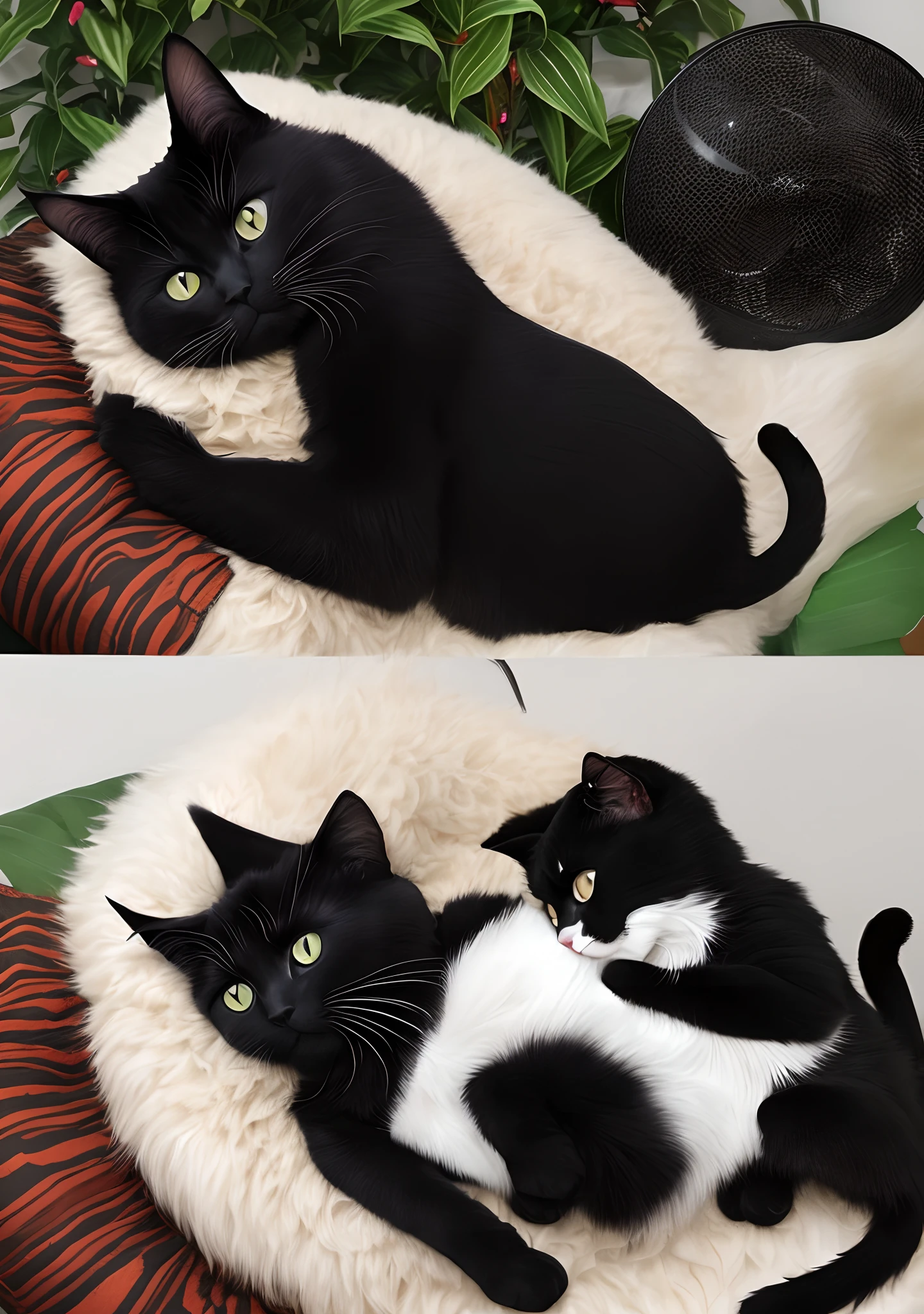 A hybrid of dragon and cat hugging a black cat