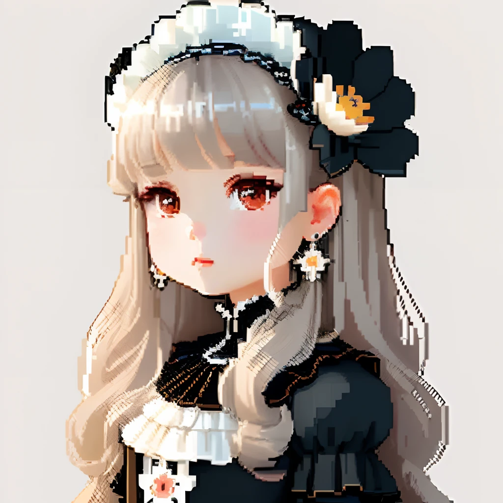 She was dressed like a glamorous jewel,large earring、Lots of flowers、 Gothic White、Colorful Floral Decoration Costume、Girl with dull grey long S-shaped curls、Look back and look at this.、Pixel art、Pixel Art Illustration、pixels、Plain background、Upper body、For icons、pixels_Art Book,Composition centered on the face、Black lily flower headdress、Katyusha、pixels、Game-style illustration、Pixel art、pixels、without background、The background is all beige、pixels、Large anemone flower ornament、Loose fluffy、White background、Lolita Fashion、simple background、A girl about 16 years old
