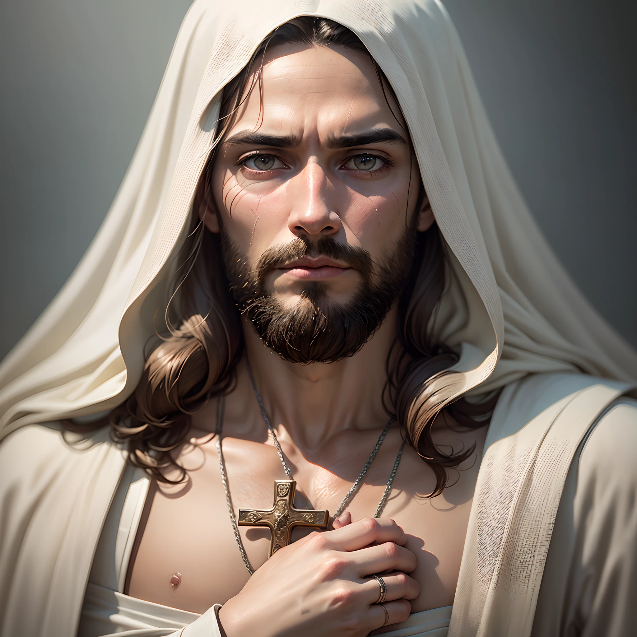 (symmetry),centered,a ((close)) up portrait,(Jesus),a very thin white man with long hair and a beard,wearing a long white robe, crucifix on shest,35mm,natural skin,clothes detail, 8k texture, 8k, insane details, intricate details, hyperdetailedhighly detailed,realistic,soft cinematic light,HDR,sharp focus, ((((cinematic look)))),intricate, elegant, highly detailed --auto --s2