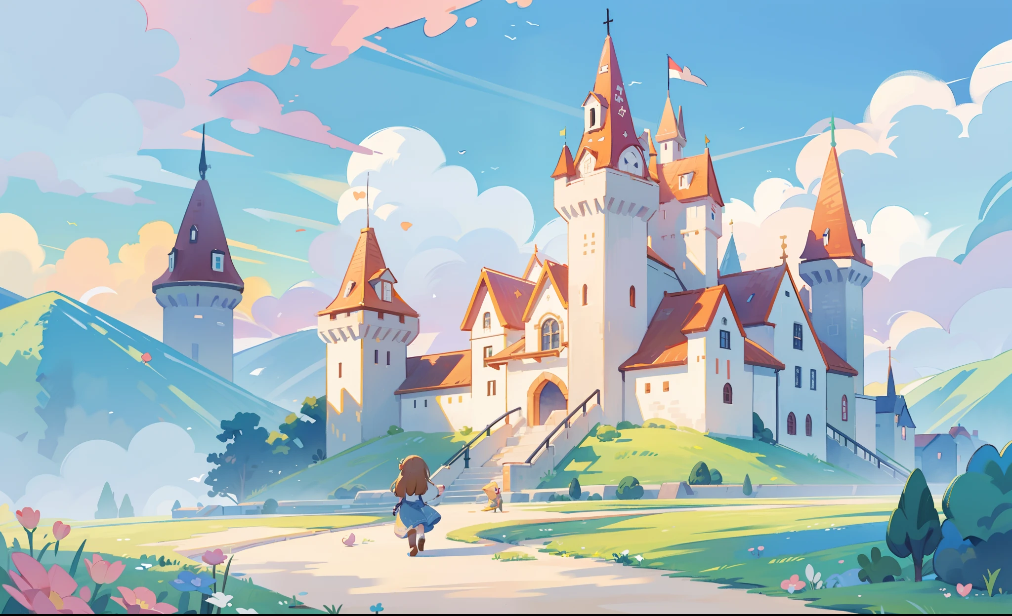 picture book illustration, watercolor storybook illustration, princess castle, fairytale castle, fairytale towers, clouds, vibrant pastel colors, dream, colorful, whimsical, magical, masterpiece, best quality, sharp focus, intricately detailed environment, fine detail, 8k resolution