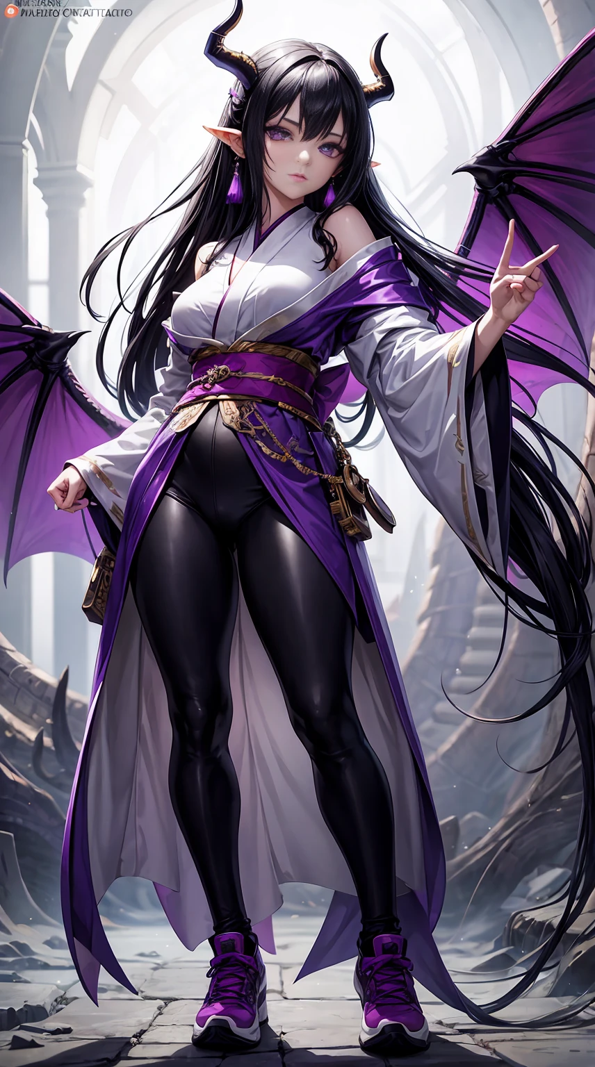 8K, realistic, Ultra High Definition, Super detailed, young girl of 18 years, Shiny detailed hair, dragon eyes, purple eyes, large eyes, dragon ears, detailed and shiny eyes, detailed face, fantasy landscape, solo, looking at viewer, {{best quality}}, {{masterpiece}}, {{ultra-detailed}}, {detailed light}, black hair, long hair, purple horns, beautiful earrings, beautiful, skinny body, white skin, kimono, futuristic and brightly colored sneakers, standing in suggestive pose