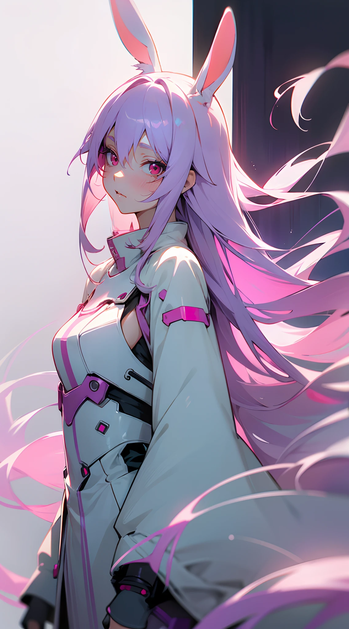 Kawaii , pretty girl , ((has white bunny ears:1)), very pale skin, pink blush , extremely long hair , purple hair , short , long eyelashes, red eyes , age 22,
(masterpiece, best quality )detailed, 1Character , pastel washed out colors , cell shade , soft, muted shades ,gentle colors ,
Wearing a mix of sword art online and futuristic style clothes ,
