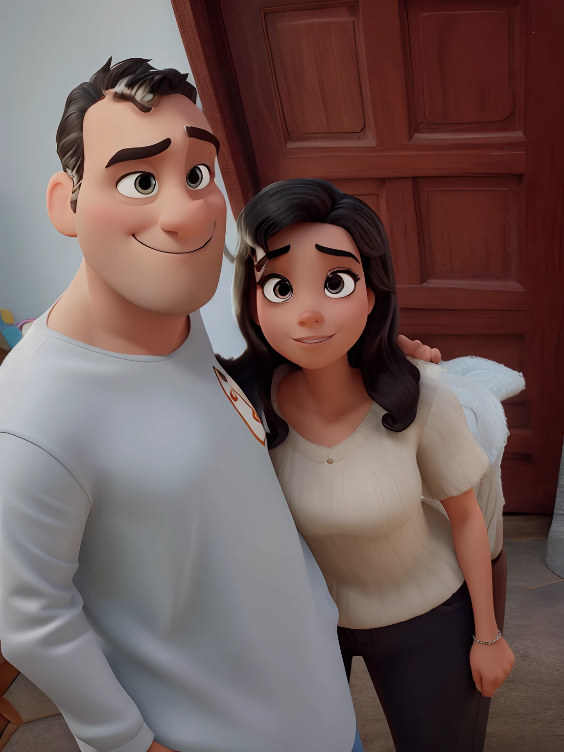 Disney Pixar Style Poster. A man with short black hair and black eyes and beard made a woman with black hair and dark eyes embracing Disney Pixar style, alta qualidade, melhor qualidade