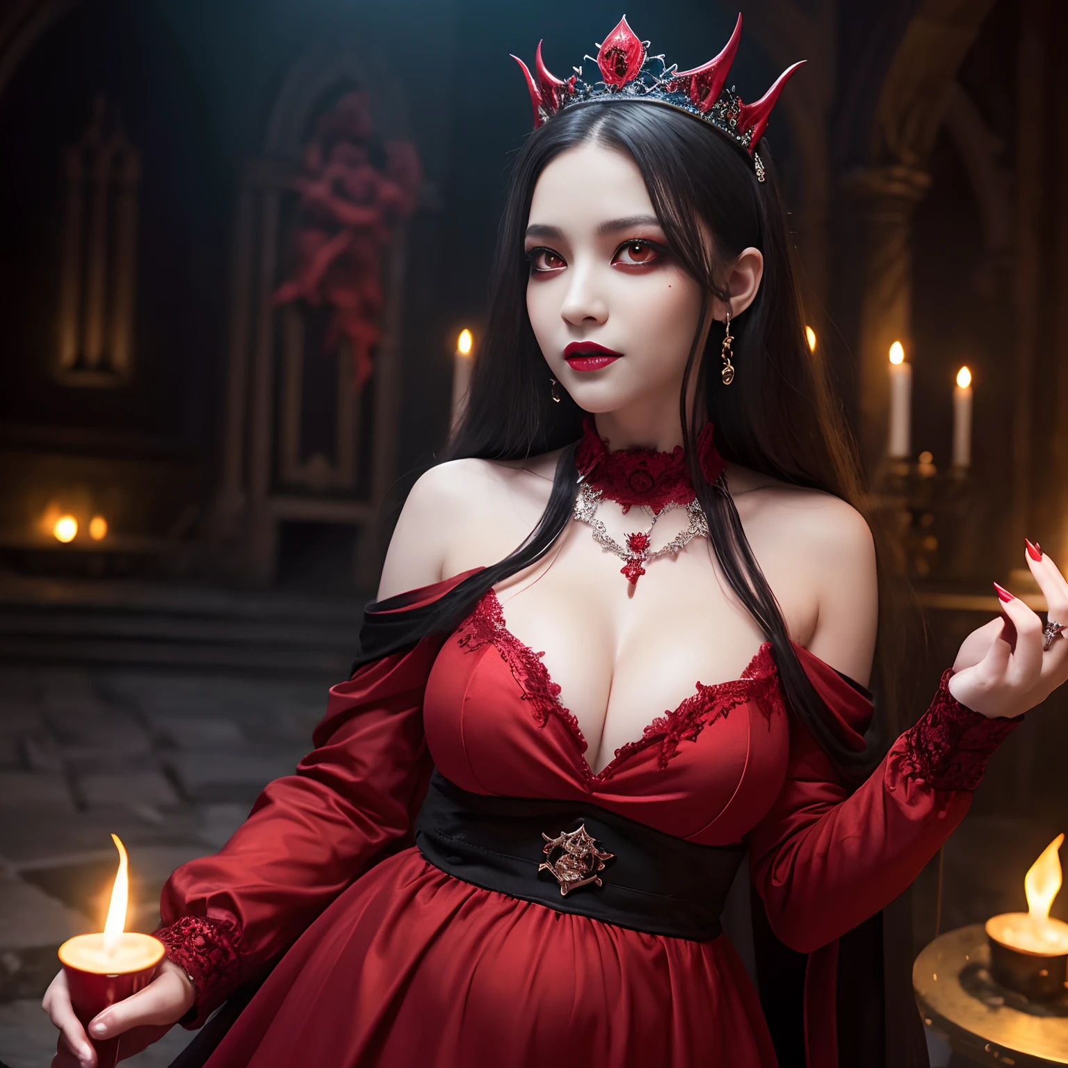 Evil and beautiful queen, Pregnancy,Medieval dresses,Half-Japan and half-Spanish princess,(Glowing red eyes:1.5),Glowing red eyes,(Her eyeballs glow red:1.5),(has sharp fangs growing:1.2),Huge calamity々Devil's Wings,Very scary and ugly devil wings,Very complex and creepy demon wings,Huge and most terrifying demon wings,Blood Red Lip,facing front,Evil makeup,The perfect devil costume,(Mouth covered with blood:1.2),(A large amount of blood in the mouth:1.2),(Bright red blood dripping down his jaw:1.2),Maniacal,The background is a sinister and gothic medieval European castle,The background is the interior of a complex castle,Detailed backgrounds,Flames burning in the background,bonfire,Creepy satanic ritual in the background,A terrifying satanic ritual is taking place in the background,Terrifying demon statue in the background,Perfect gas chamber,Bewitching and sexy smile,castle at night,Devil decoration,Devil dress with intricate decorations, Devil's Black Dress,Intricate tiara,Dresses in black tones, large full breasts,Evil decoration, ruby decoration, Artistic Design Choker, Evil pattern decoration, ,Shining crown, Finest necklaces, artistic décor, Princess Dresses, Dresses with lots of jewelry, Chest that seems to burst,Dress with a narrow waist,A dress that tightens the waist,A detailed face, Highest Quality, 8K, SLR Camera Photography,Award-winning works