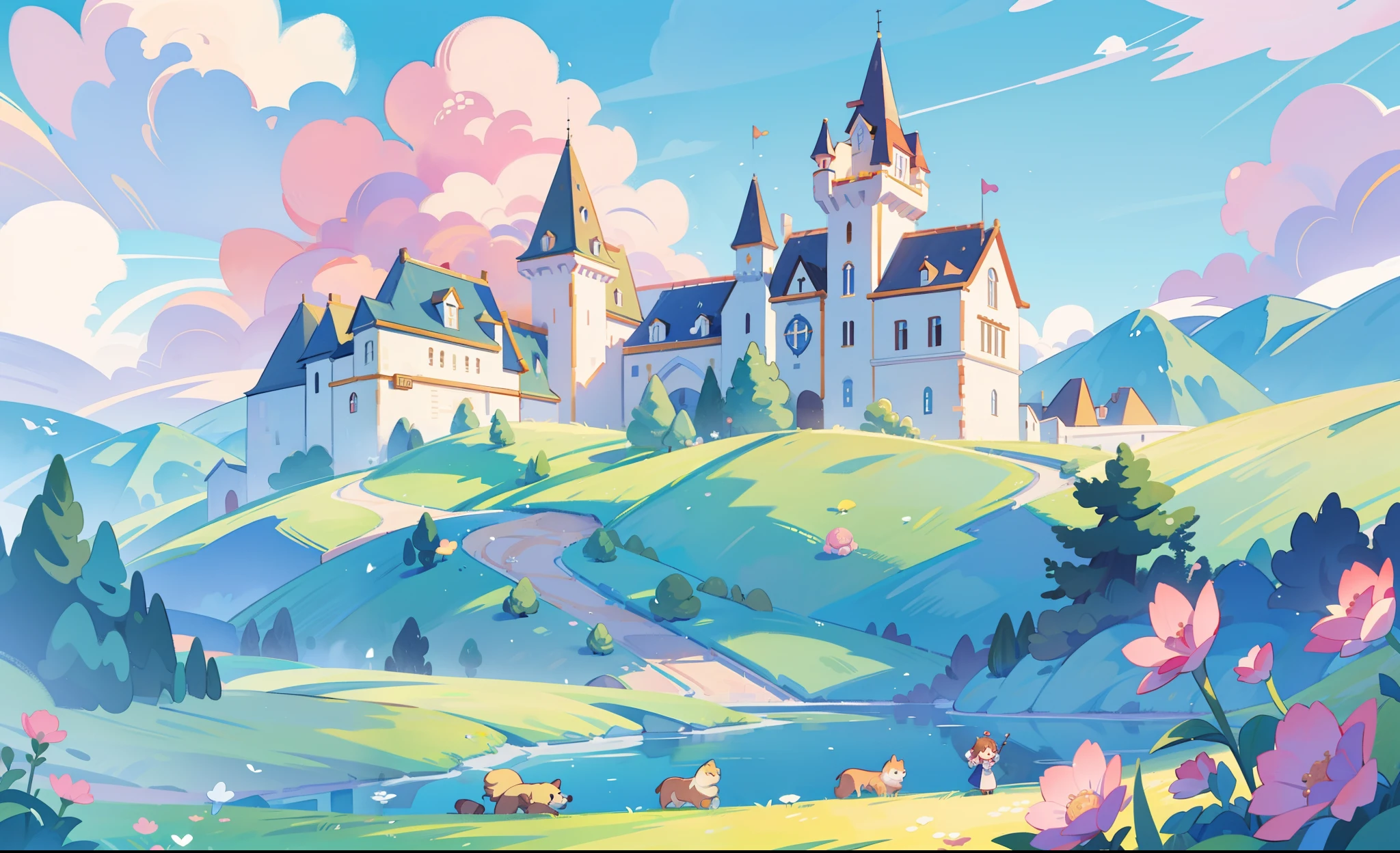 picture book illustration, watercolor storybook illustration, princess castle, fairytale castle, fairytale towers, clouds, vibrant pastel colors, dream, colorful, whimsical, magical, masterpiece, best quality, sharp focus, intricately detailed environment, fine detail, 8k resolution