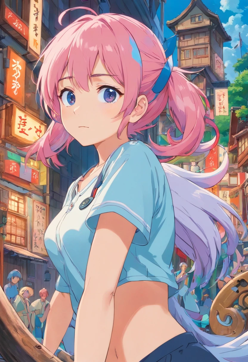 (1girl in:1.3)、The upper part of the body、from side、looking at the viewers、patterns、(Half blue and half pink hair:1.2)、Figures in blue T-shirts、Black Hot Pants、Black shorts、EMS、Emergency services、Red Devil's Eyes、banya、Diabolical、Devil's Wings、long twintail、1人、nurse、