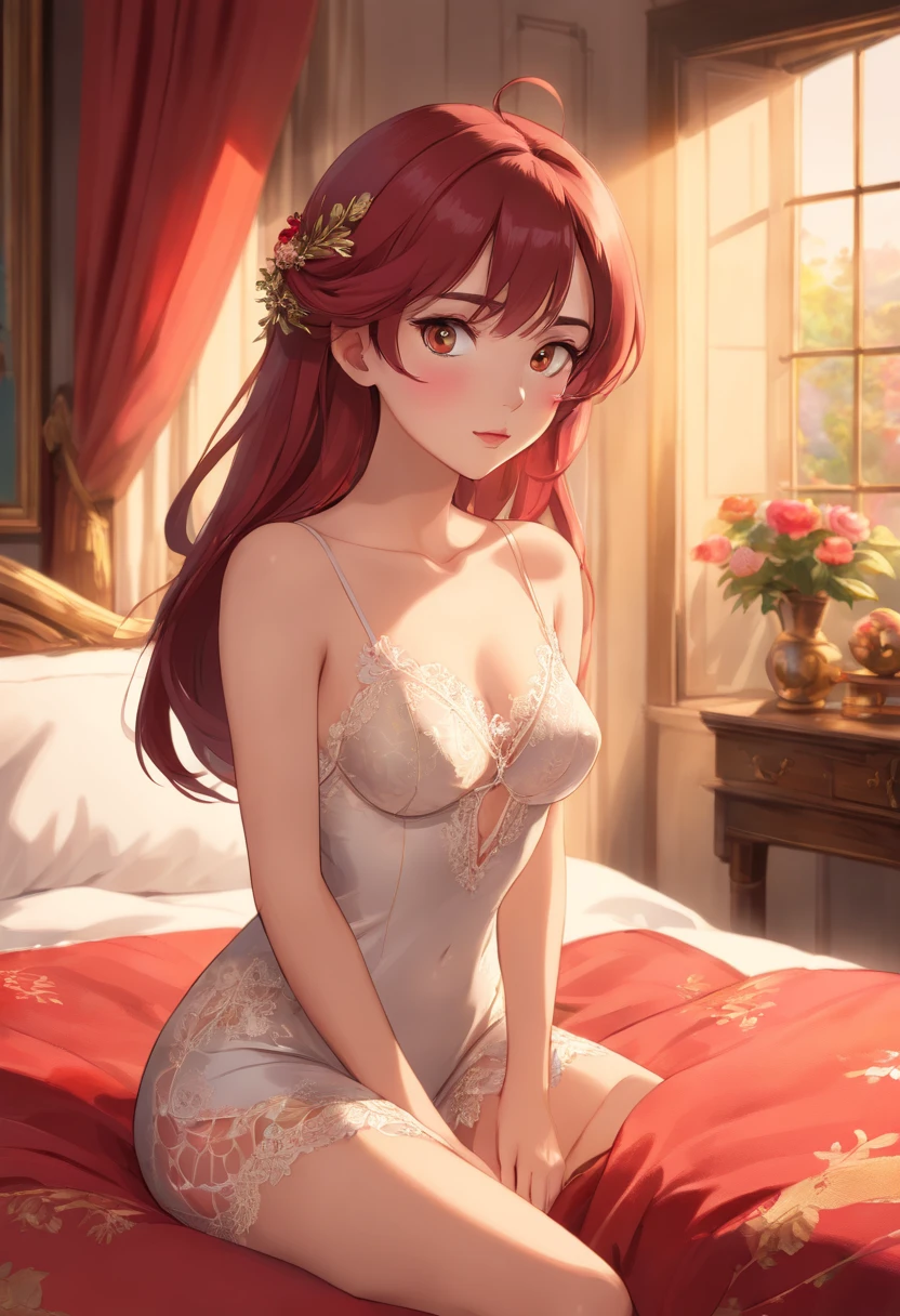 (best quality,4k,8k,highres,masterpiece:1.2),ultra-detailed,(realistic,photorealistic,photo-realistic:1.37),beautiful detailed eyes,beautiful detailed lips,extremely detailed eyes and face,longeyelashes,beautifully designed eyebrows,magical expression,well-groomed hair,voluptuous body,slim waist,big breasts,luscious and shiny red hair,sophisticated and sexy pose,glamorous appearance,fantasy lingerie,soft and smooth skin in warm tones,alluring bedroom,seductive lighting,romantic atmosphere,delicate lace curtains,reflected light from the window,luxurious satin sheets,soft and plush carpet,Renaissance painting style,portraits,stunning color palette,subtle shades of crimson and gold,rich and vibrant hues,striking contrast,play of light and shadow,intimate and enticing mood