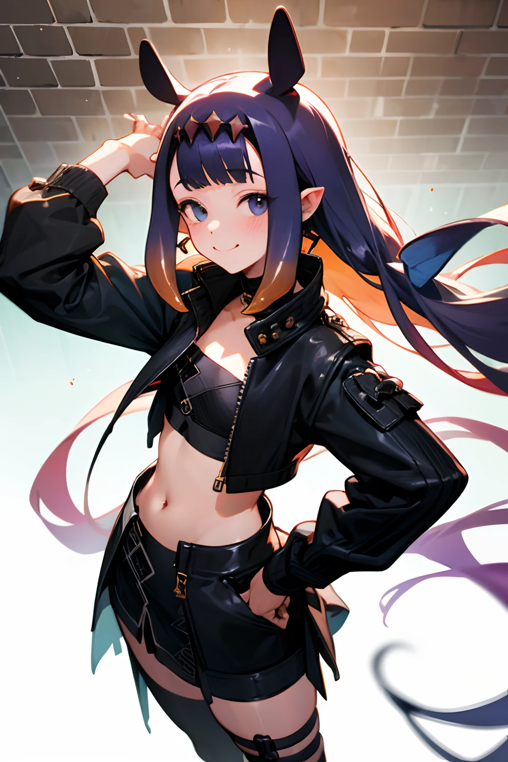 ((Ninomae Ina'nis)), ((Masterpiece)), (High Definition:1.3), (Professional Photography:1.2), from above, (flat body), flat chest, (laughing face), ragged brick wall background, leather, silky long hair, earrings, leather jacket, thigh strap, wind blow, jewelry, hand on hip, shirt, open jacket, midriff, bangs, open clothes, long sleeves, looking at viewer, standing, closed mouth, hand up, crop top, looking to the side