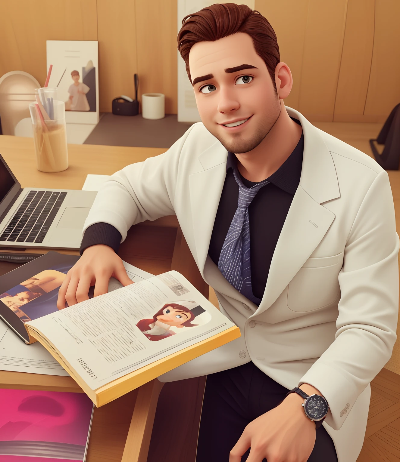 Crie um Poster Estilo Disney Pixar, alta qualidade
Com um homem branco, de olhos castanhos, cabelo castanho liso, com barba, sorrindo, uma camisa preta, com gravata, jaleco branco, black pant, with one hand on the leg, with watch, A hand in the magazine on the table, virado de lado olhando pra camera do celular