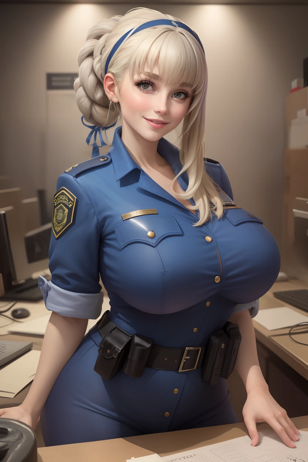 (best quality), big head, face happiness, (merope with huge breasts:1.2) in a police uniform in police station, portrait