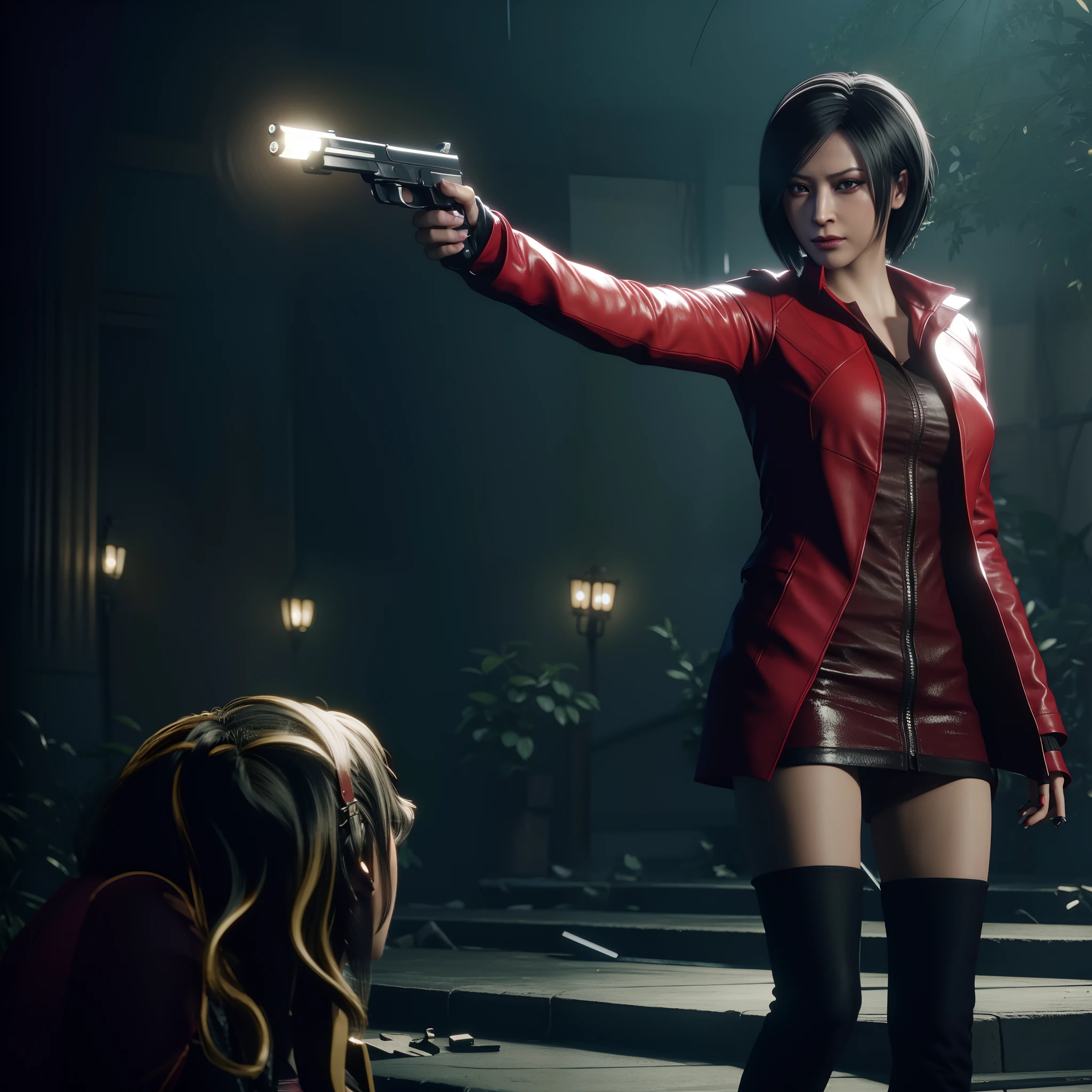 HD, ada wong 40 years old, beautiful face, bob haperfect Face, black jeans, red long coat with black nail polish, friendly face, glare, holding a gun