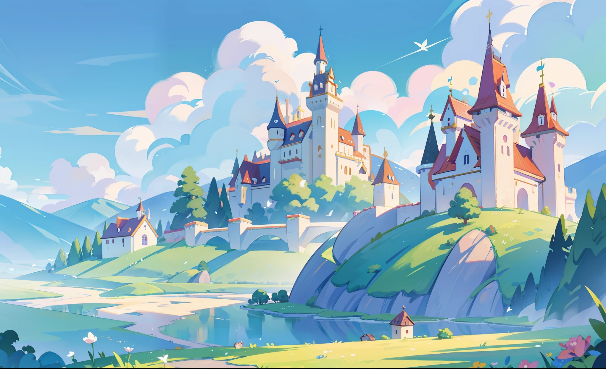 picture book illustration, watercolor storybook illustration, princess castle, fairytale castle, fairytale towers, clouds, vibrant pastel colors, dream, colorful, whimsical, magical, masterpiece, best quality, sharp focus, intricately detailed environment, fine detail, 8k resolution