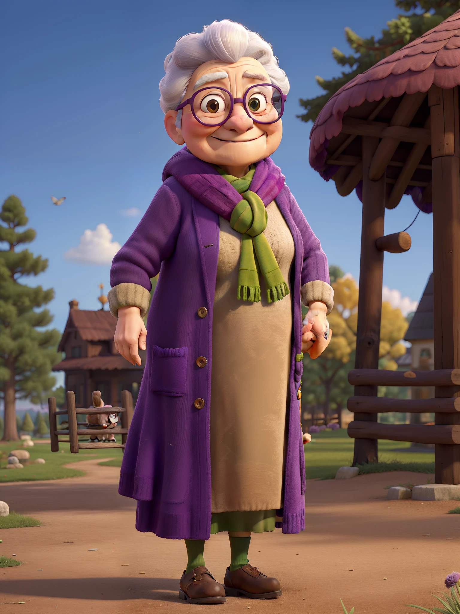 masterpiece, best quality, an old woman with glasses and a scarf on, wearing a purple coat and green scarf, standing at the park