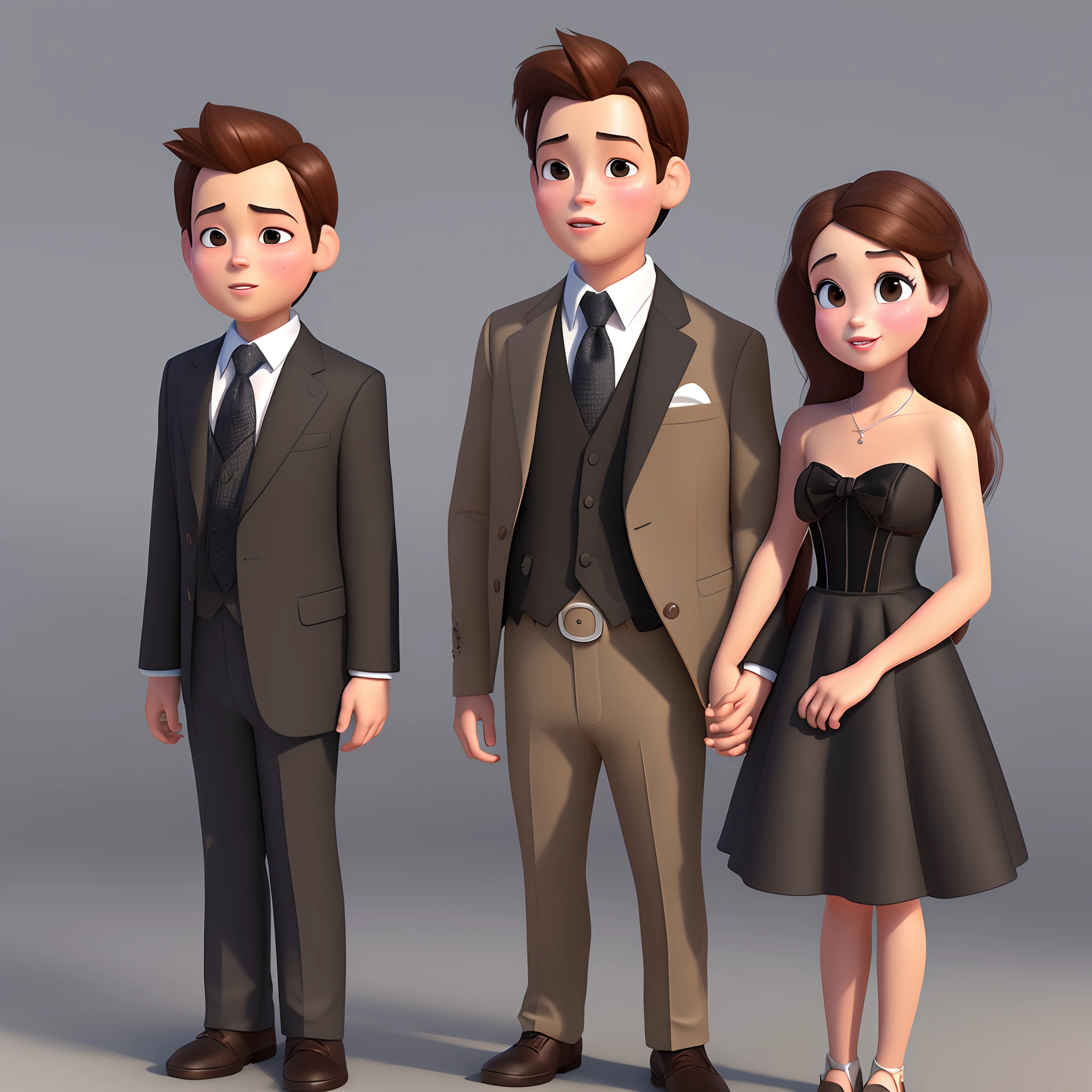 A boy with tan skin, medium length dark brown hair wearing a black suit with a black tie. Next to a shorter girl with tan skin, long brown hair wearing a black dress. Draw them in 3d Disney Pixar character animation