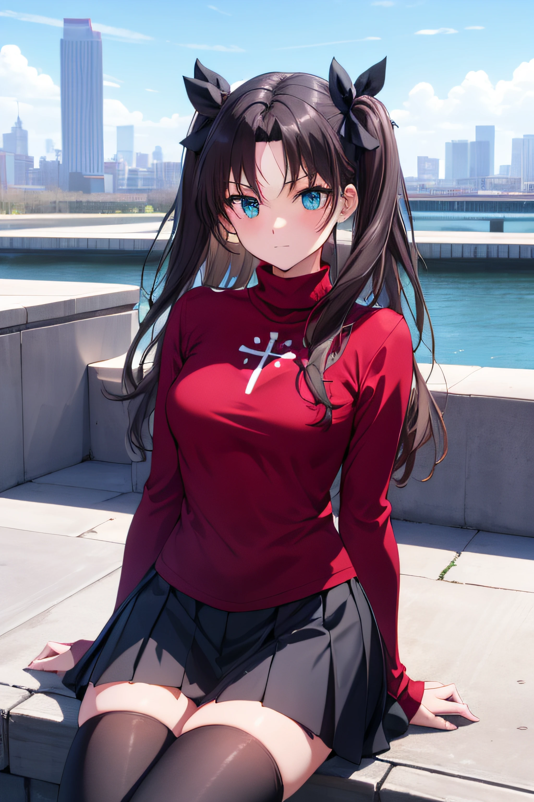 (masterpiece), best quality, expressive eyes, perfect face, 1girl, solo, rintohsaka, rin tohsaka, aqua eyes, black hair, hair ribbon, long hair, ribbon, sidelocks, two side up, black skirt, black thighhighs, long sleeves, miniskirt, pleated skirt, ((red sweater)), skirt, sweater, thighhighs, turtleneck, city background, sitting, character sheet, upper body, portrait, looking at viewer