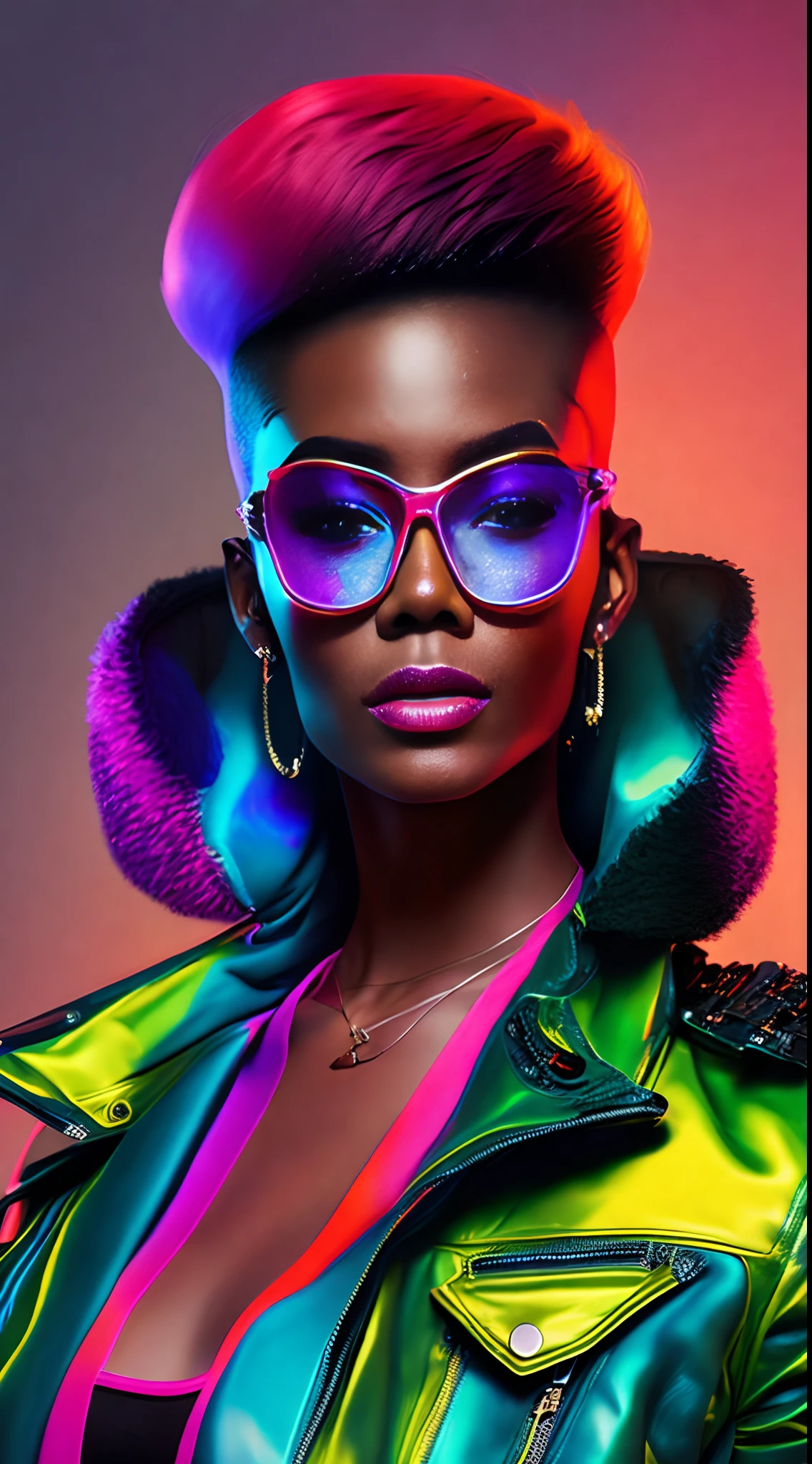 an AFRICAN woman a pair of glasses, Tapered hair, well cut, well shaved on the sides and back, style, a crazy piece, brincos, Colorful Trackextura latex jacket, glamour da cor do retrato, retrato colorido detalhado, retrato de alta qualidade, cor neon sangrar, Retrato colorido, color studio portrait, cores ultravioleta e neon, full-colour illustration, cores vibrantes hiper realismo, cores neon vibrantes, pop e cores vibrantes, moda colorida, cor neon, cor estilo cyberpunk, iridescent illustration(best quality,alto,ultra-detalhado,Realistic:1.37),retrato,personagem feminina,red latex military jumpsuit,(neon futuristic punk rock jacket ,recuado,preciso,elaborar),Solid Bottom Shaved Side Hair Short Top, corte de cabelo preto pixie undercut, cabelos naturais, cabelos cacheados e curtos, laterais raspadas, short hair on sides of head, cabelo preto curto com gel, corte de cabelo de cortina curta preta, cabelo curto preto encaracolado, contornos definidos suavesUma mulher bonita com um cabelo cortado raspado nas laterais e costas afro,glasses and earrings, alta textura , Punk rock (glamour da guitarra) da cor do retrato, retrato detalhado, retrato de alta qualidade, cor neon sangrar, retrato, Studio portrait, moda colorida, cor neon, cor estilo cyberpunk, iridescent illustration