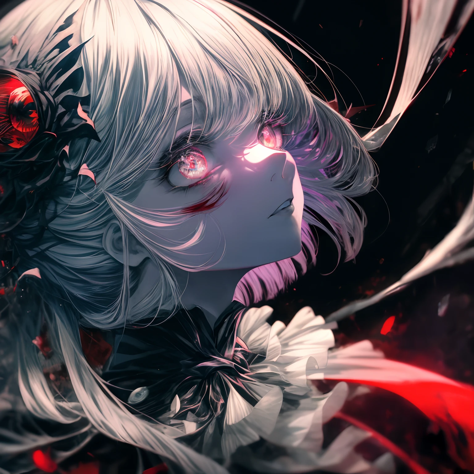 a closeup of  big demonic eyes, compound eyes, Unique demon ghouls, Unusual pupils,Kaneki, Monochrome, Radioactive light, anime2018::1,  neon::1, Neon color::1,, Part 1.5, detaled face, ultra quality, Ultra Graphics,  Flowering 1.0, l vampire, depression, ultra realistis, Anime IRL,Anime girl, Dark gothic Style, HDR, RTX, The body shatters , Detailed Face,soft-lighting, makoto sinkai,Digital Painting,looking up at the camera",  8K, big dreamy eyes,blurry, Smooth soft skin, Cloned face, Symmetrical, lime liquid, leaks from the eyes,anime art,photo, Face cracking  , ......key: lime, blood from the eyes, Realistic, Realistic light, Realistic anime, realistic shadows, Liquid, depressive, Clouds, Sakura, spider lily , A detailed eye, eyes focus, Lashes, fluffy lower eyelashes:1.5, pale face, Very lime eyes, gloomy horror atmosphere, Scary picture, woods, mist, lime Liquid, flowing down from the trees, Dark atmosphere, The body shatters, braids, Sateen, blood on the ground, fire, eye closeup,The Better Generation, Ultra Generation, Generation 3000, 2048×2048......, Face detailing, Detailing clothes, Symmetrical balance, Tokyo Ghoul, death note, castlevania, l vampire, Kaneki, Anime 2020, Water and sky, black hair,Detailed hair, Tokyo Ghoul, death note, castlevania, Kaneki, l vampire, Depressive art, depression, ennui, Sadness, cry, pain, Black smoke, Black Energy, Tentacles, Kagune, bloods, blood on the face, A sea of blood, fetters, barbed wire, fire, Wide-angle camera, lots of fine detail, spider lily, Sakura, Sweet, Scalopendra, Black background, horror film, Hole in the case, Dead Inside, Dead Art, lying on the grass, Manga style, comic style, Multiple frames, The body is destroyed, Manga page, Eyes are everywhere, Lots of eyes in the background, Drawing of Ishida sui, art of Ishida sui, in the style of Ishida sui, Two people, in full growth, depressive posture, Spider flowers