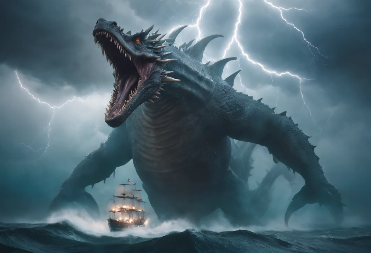 The legendary sea monster emerging from deep ocean, mythic, finely detailed, ((lightning)), darkness, thunder, dragon face, the theme is coherent, a big boat looks tiny compared to the monster, view from afar