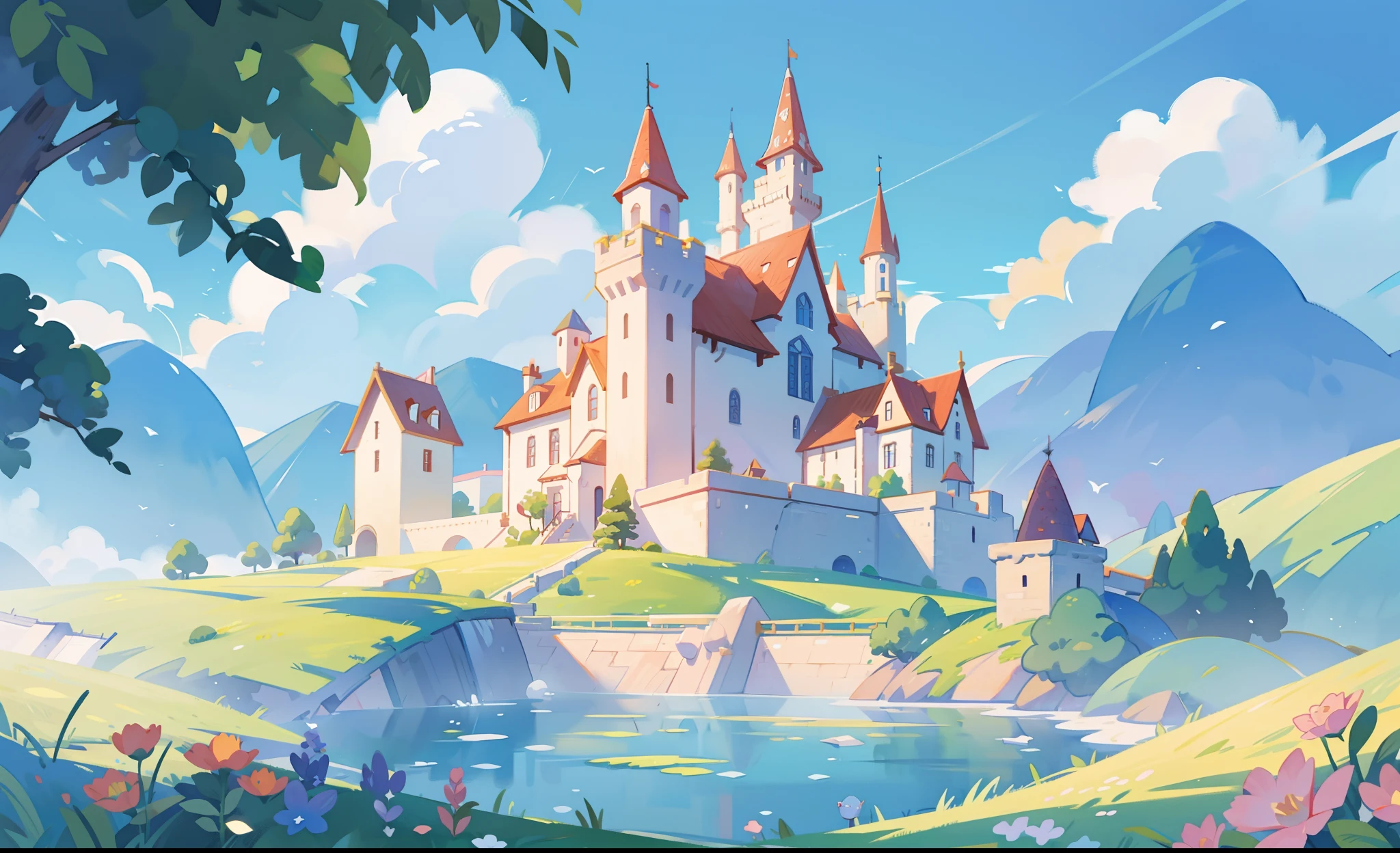 picture book illustration, watercolor storybook illustration, princess castle, fairytale castle, fairytale towers, clouds, vibrant pastel colors, dream, colorful, whimsical, magical, masterpiece, best quality, sharp focus, intricately detailed environment, fine detail, 8k resolution