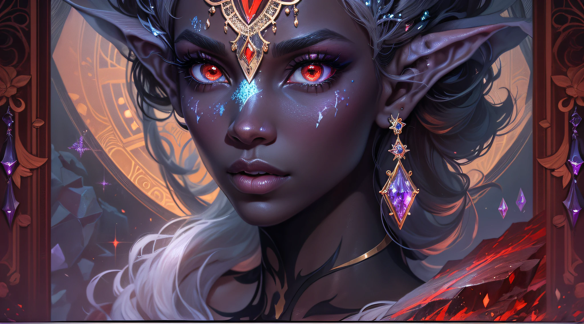 desktop, Drow Dark Elf, Outlandish Minerals, intricate hairstyle, Elven ears, dark gray skin , Around Big Rock Crystal Drusen Amethyst Druses, Mineral dispersion, elegantly, Masterpiece, Alphonse Mucha's style, Art Nouveau+ghotic, Doubleexposure, The red background predominates, glares, crystals, Glowy skin, Glitter, Sparkling eyes, long eyelashes, big puffy lips, pronounced skin texture, blushful, eye make up, Gloomy lighting, Inspired by the musical composition of the Cave of the Mountain King