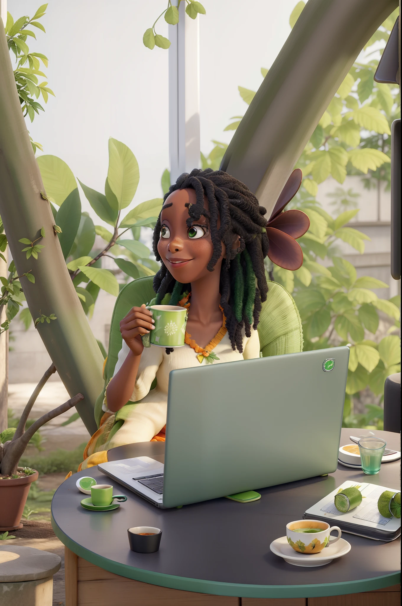 Mulher branca de cabelo liso pele clara com caneca da cor laranja na mao, casaco verde, em uma mesa com notebook e fundo de plantas verdes
