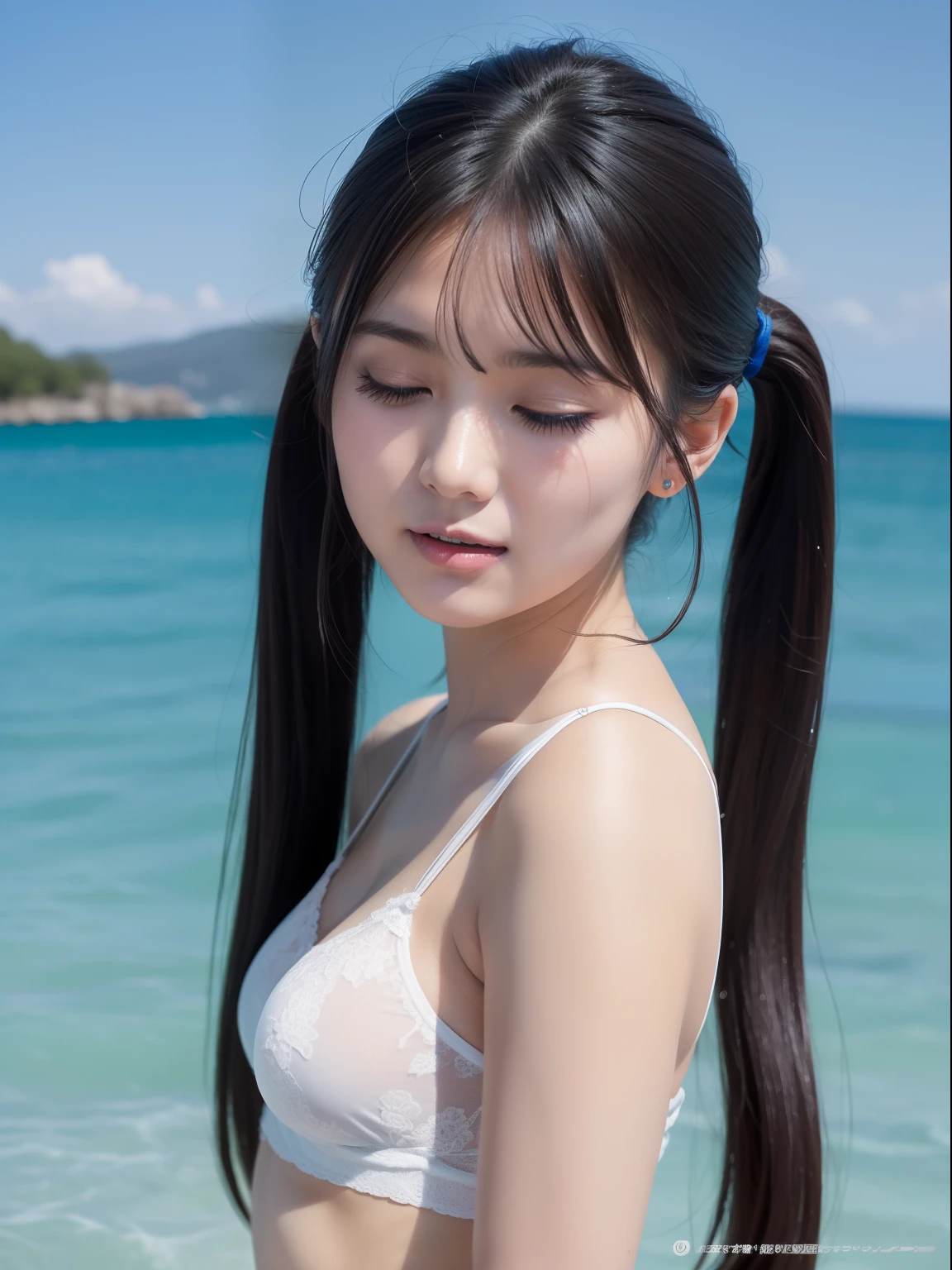 (8k, Best Quality, Masterpiece:1.2), (Realistic, Photorealistic:1.37), Ultra Detailed, Small,1 Girl,Cute,Solo,Beautiful Detailed Sky,Date,(Blush),(Smile:1.15),(Closed Mouth), Small Breasts, Delicate Body、Black Eyes、Neat,Beautiful Detailed Eyes,(ponytail Hair: 1.2), Black Hair,Floating Hair, NovaFrogStyle, Full body, Thin legs, NAKED