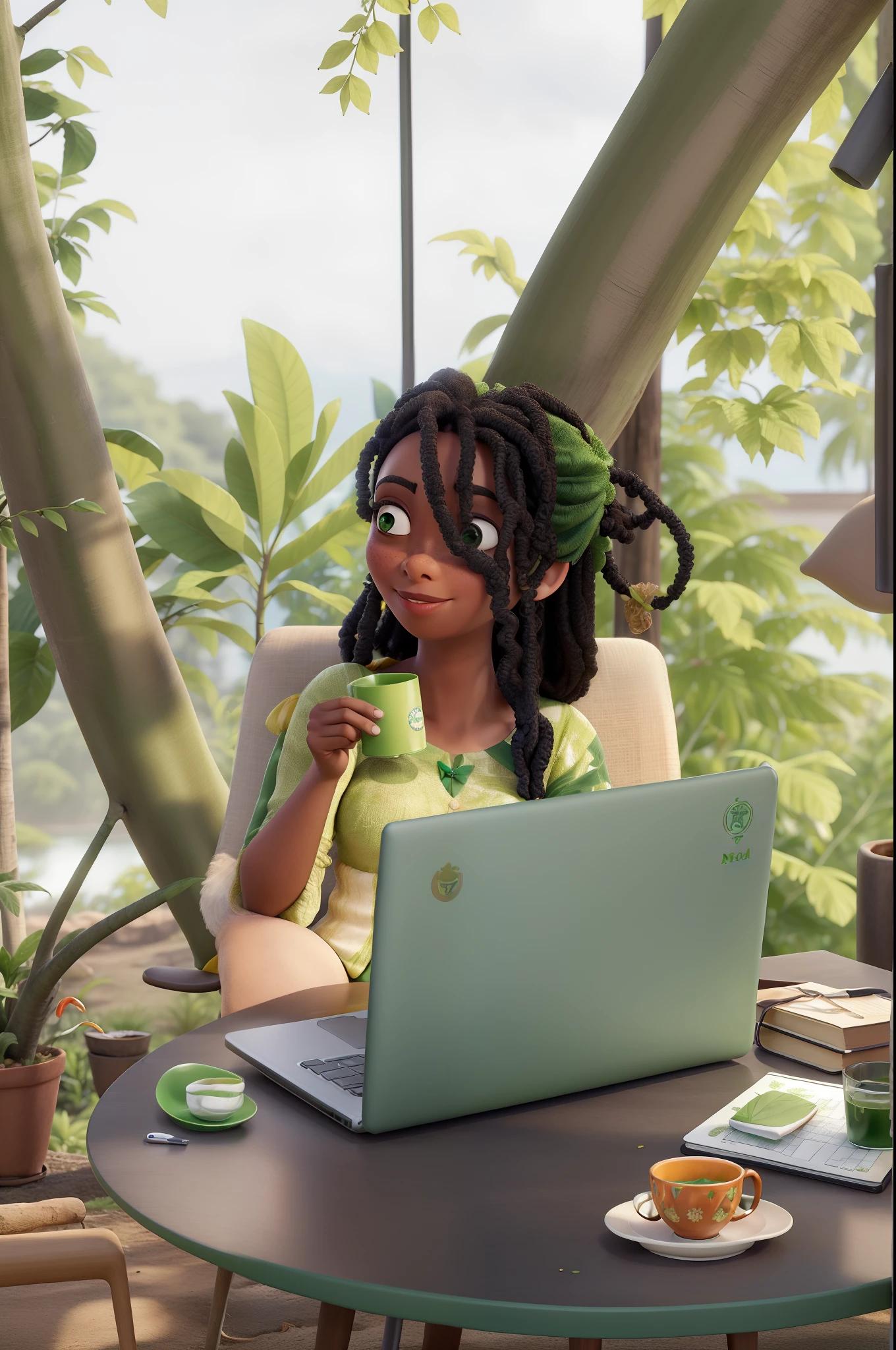 Mulher branca de cabelo liso pele clara com caneca da cor laranja na mao, casaco verde, em uma mesa com notebook e fundo de plantas verdes