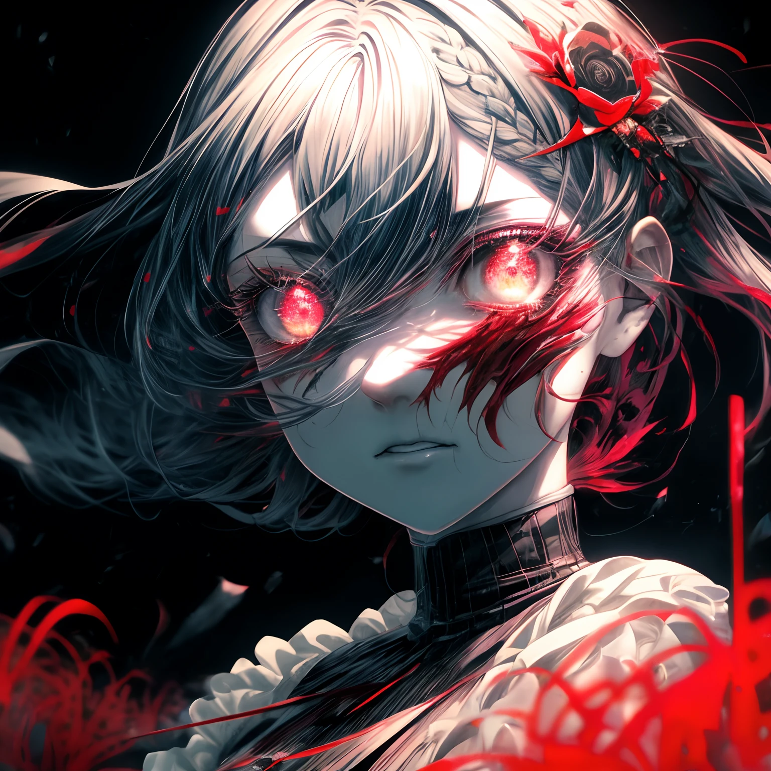 a closeup of big demonic eyes, compound eyes, Unique demon ghouls, Unusual pupils,Kaneki, Monochrome, Radioactive light, anime2018::1, neon::1, Neon color::1,, Part 1.5, detaled face, ultra quality, Ultra Graphics, Flowering 1.0, l vampire, depression, ultra realistis, Anime IRL,Anime girl, Dark gothic Style, HDR, RTX, The body shatters , Detailed Face,soft-lighting, makoto sinkai,Digital Painting,looking up at the camera", 8K, big dreamy eyes,blurry, Smooth soft skin, Cloned face, Symmetrical, lime liquid, leaks from the eyes,anime art,photo, Face cracking , ......key: lime, blood from the eyes, Realistic, Realistic light, Realistic anime, realistic shadows, Liquid, depressive, Clouds, Sakura, spider lily , A detailed eye, eyes focus, Lashes, fluffy lower eyelashes:1.5, pale face, Very lime eyes, gloomy horror atmosphere, Scary picture, woods, mist, lime Liquid, flowing down from the trees, Dark atmosphere, The body shatters, braids, Sateen, blood on the ground, fire, eye closeup,The Better Generation, Ultra Generation, Generation 3000, 2048×2048......, Face detailing, Detailing clothes, Symmetrical balance, Tokyo Ghoul, death note, castlevania, l vampire, Kaneki, Anime 2020, Water and sky, black hair,Detailed hair, Tokyo Ghoul, death note, castlevania, Kaneki, l vampire, Depressive art, depression, ennui, Sadness, cry, pain, Black smoke, Black Energy, Tentacles, Kagune, bloods, blood on the face, A sea of blood, fetters, barbed wire, fire, Wide-angle camera, lots of fine detail, spider lily, Sakura, Sweet, Scalopendra, Black background, horror film, Hole in the case, Dead Inside, Dead Art, lying on the grass, Manga style, comic style, Multiple frames, The body is destroyed, Manga page, Eyes are everywhere, Lots of eyes in the background, Drawing of Ishida sui, art of Ishida sui, in the style of Ishida sui, Two people, in full growth, depressive posture, Spider flowers