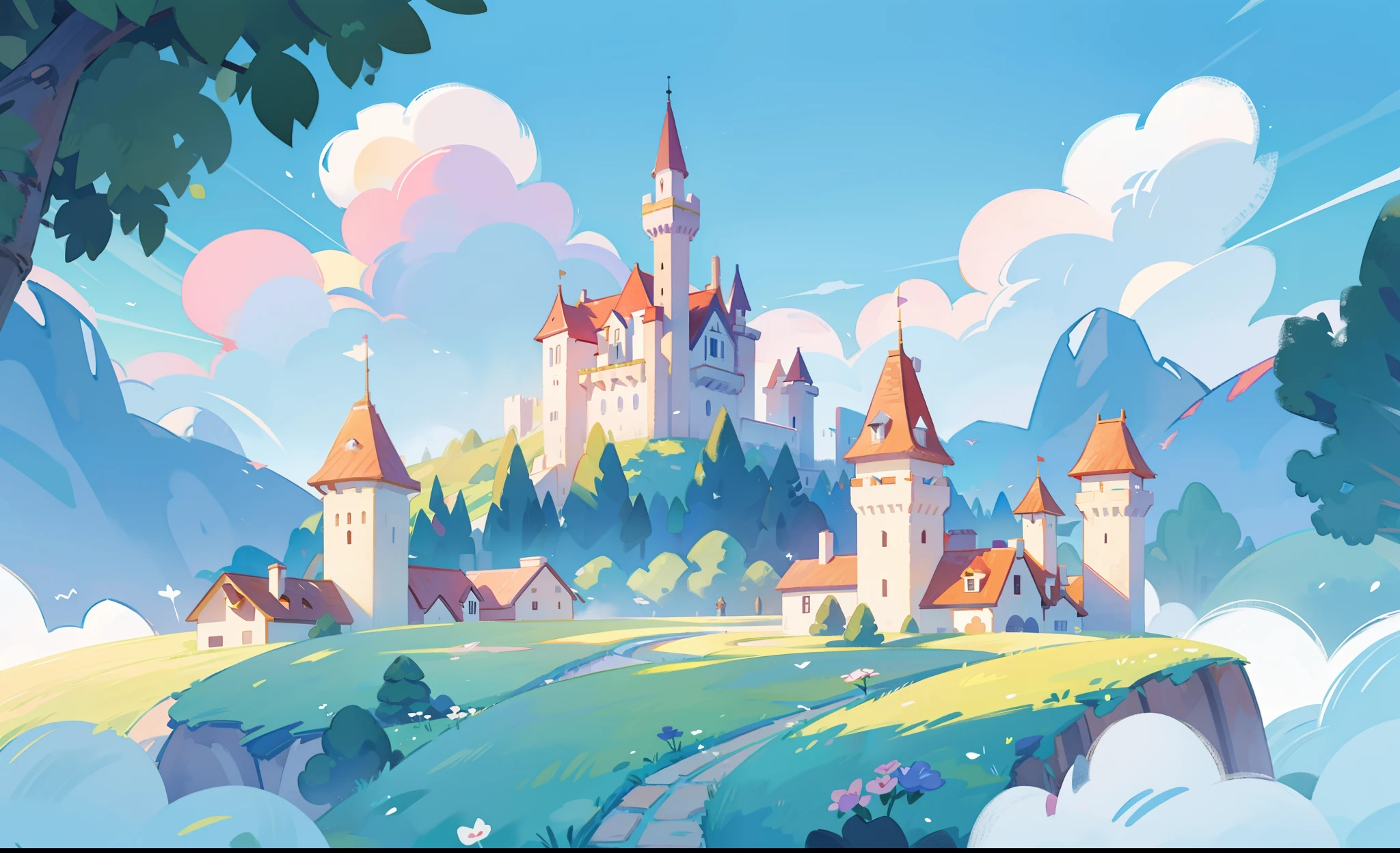 picture book illustration, watercolor storybook illustration, princess castle, fairytale castle, fairytale towers, clouds, vibrant pastel colors, dream, colorful, whimsical, magical, masterpiece, best quality, sharp focus, intricately detailed environment, fine detail, 8k resolution