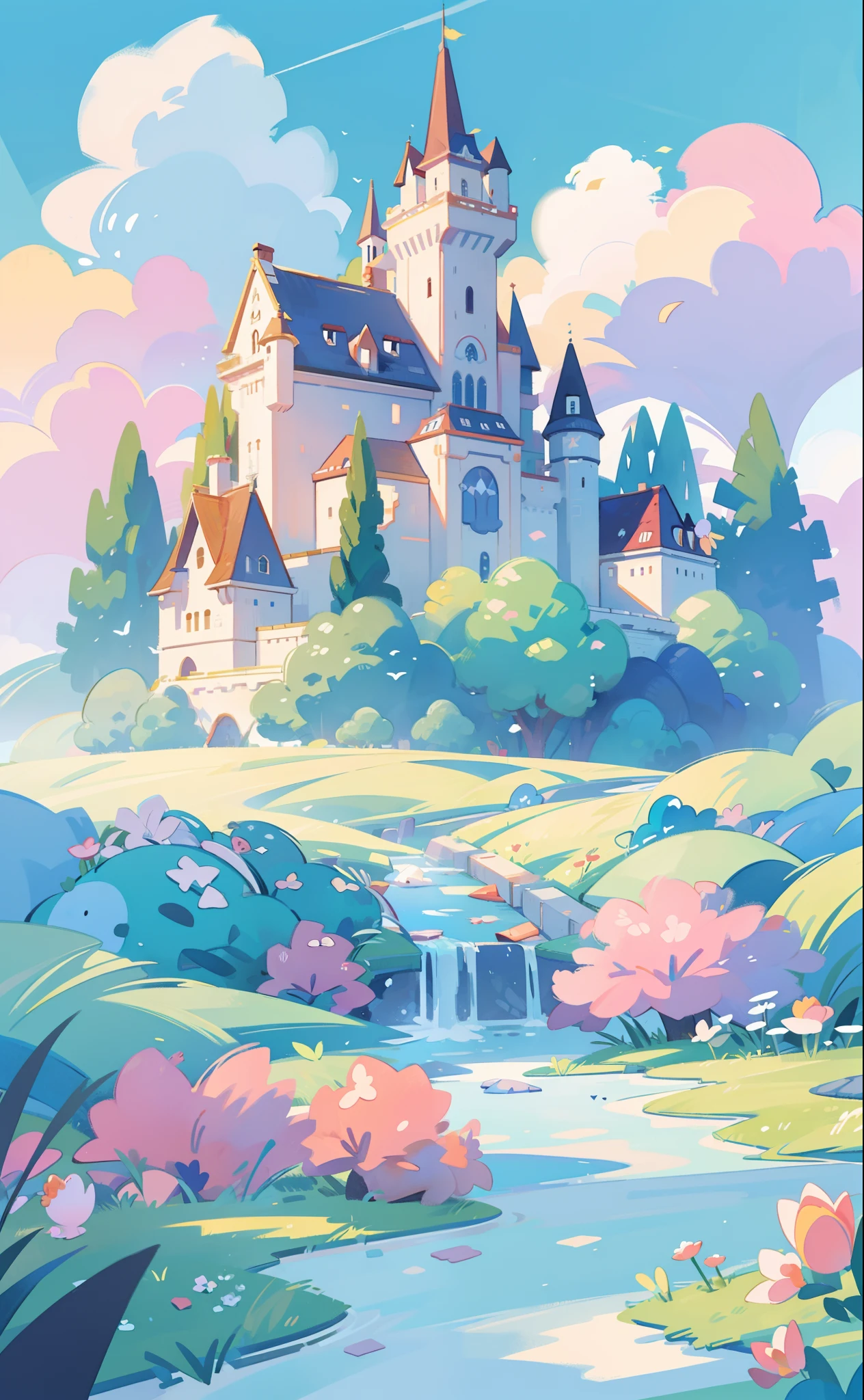 picture book illustration, watercolor storybook illustration, princess castle, fairytale castle, fairytale towers, clouds, vibrant pastel colors, dream, colorful, whimsical, magical, masterpiece, best quality, sharp focus, intricately detailed environment, fine detail, 8k resolution