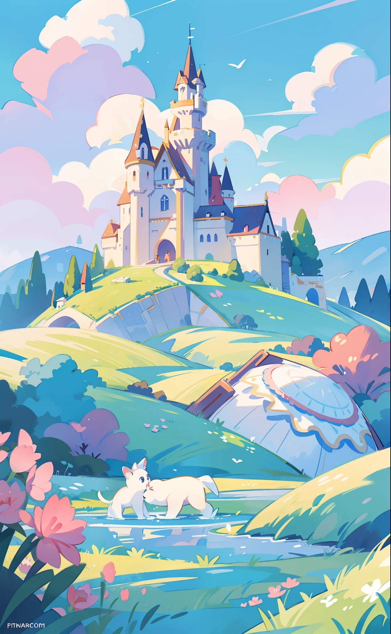 picture book illustration, watercolor storybook illustration, princess castle, fairytale castle, fairytale towers, clouds, vibrant pastel colors, dream, colorful, whimsical, magical, masterpiece, best quality, sharp focus, intricately detailed environment, fine detail, 8k resolution